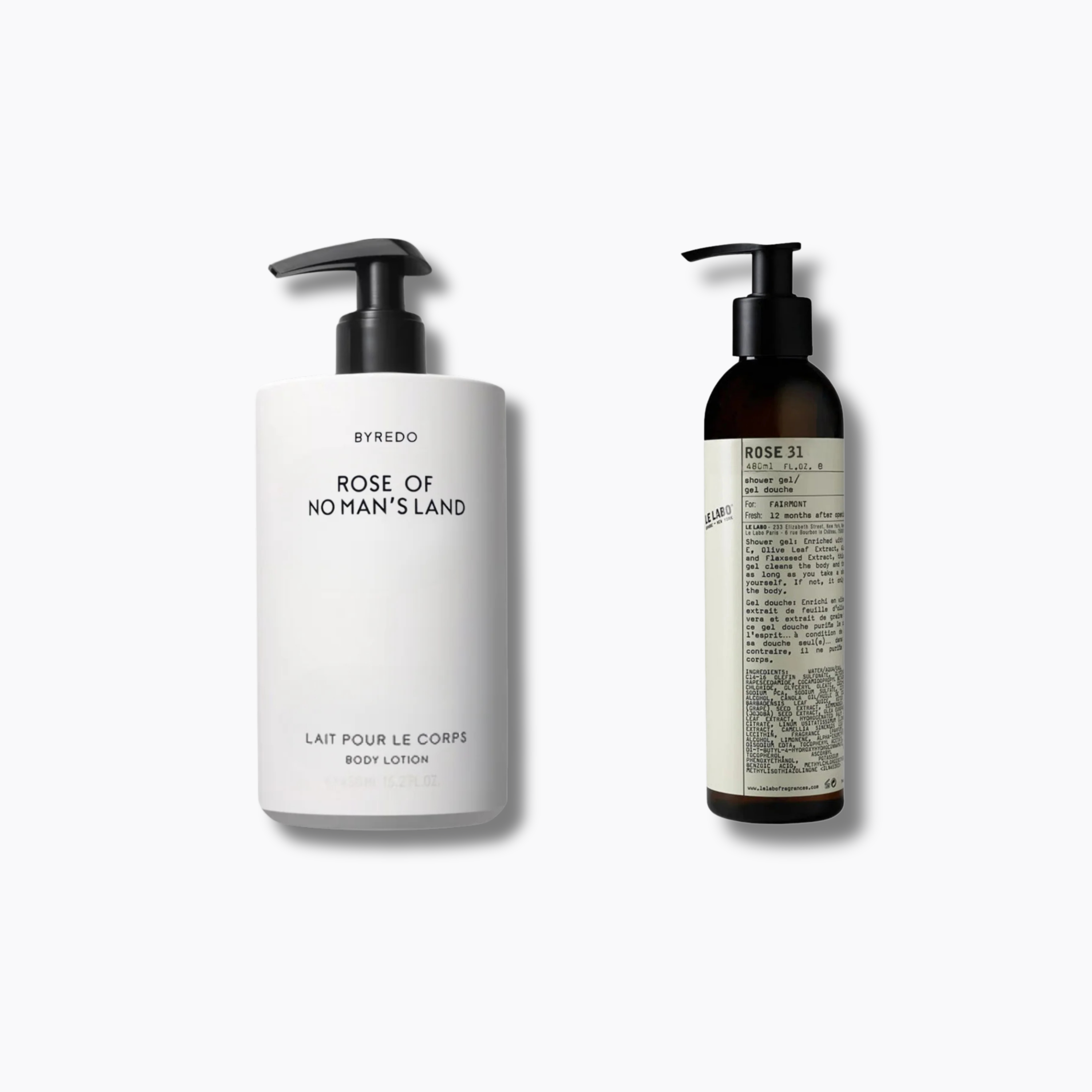 Alt text (EN): Byredo and Le Labo body lotion bottles displayed side by side on a clean white background, minimalist pump packaging, studio product photo.