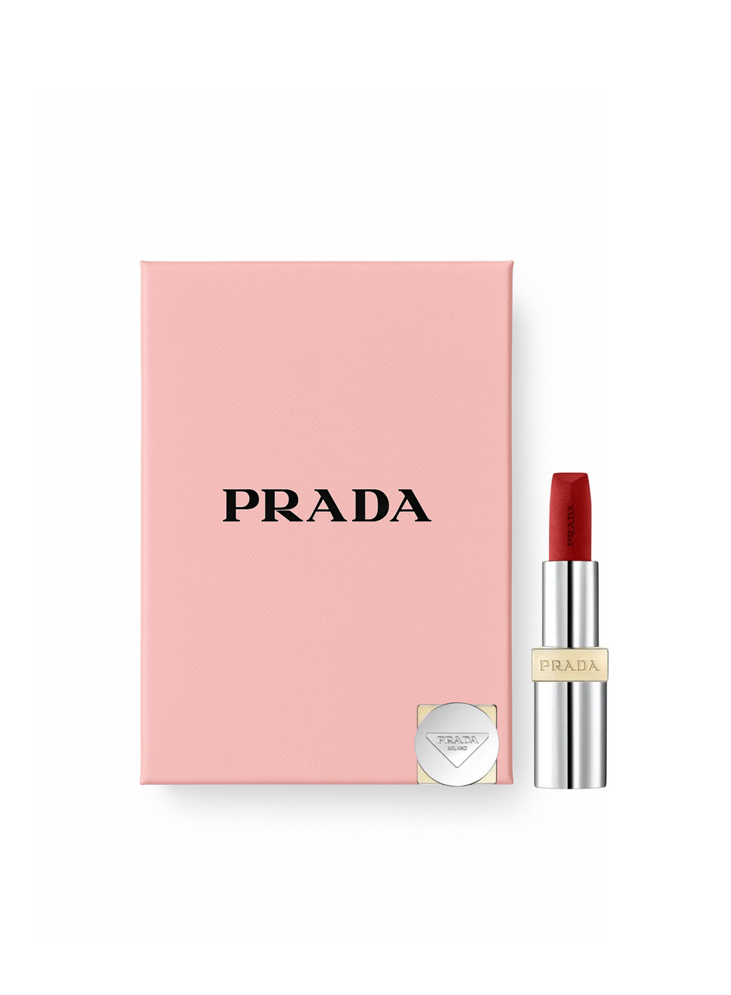 Prada lipstick with pink box on a white background