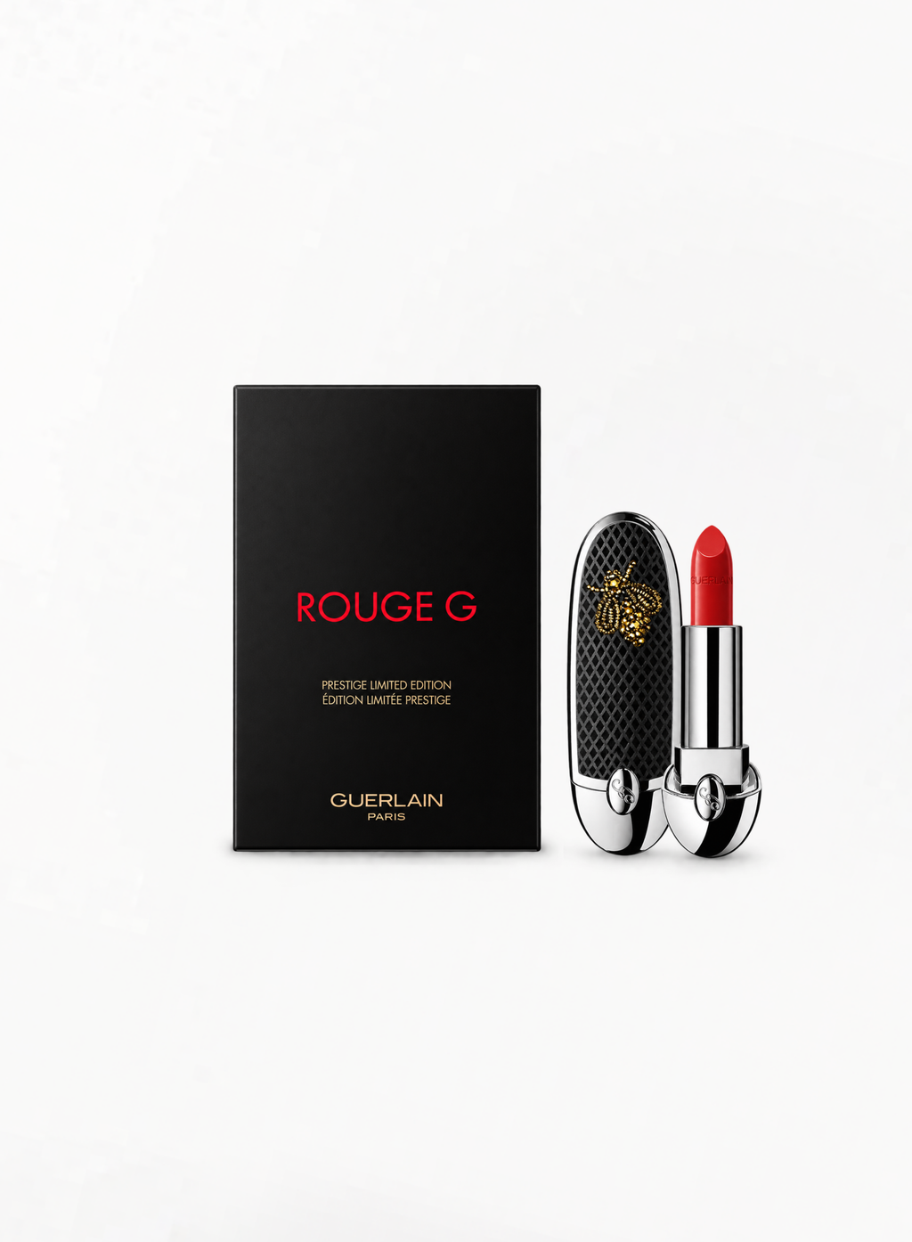 GUERLAIN Rouge G Gold Bee Sequins Satin ტუჩსაცხი 214 და ქეისი – Prestige Limited Edition