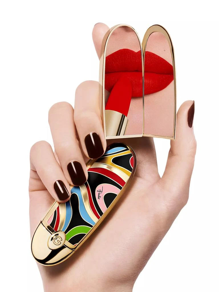 GUERLAIN x PUCCI Rouge G lipstick case with mirror and red lipstick, showcasing the iconic refillable design and vibrant Pucci artwork — authentic luxury lipstick at Exquisite Georgia.
