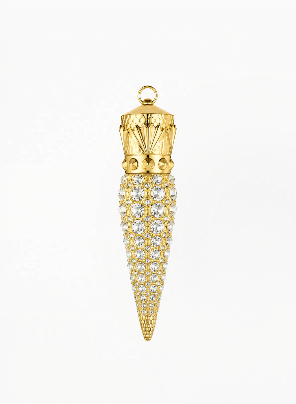 CHRISTIAN LOUBOUTIN L’Écrin Strass Limited Edition refillable lipstick case embellished with sparkling crystals and gold-tone details, isolated on a white background.