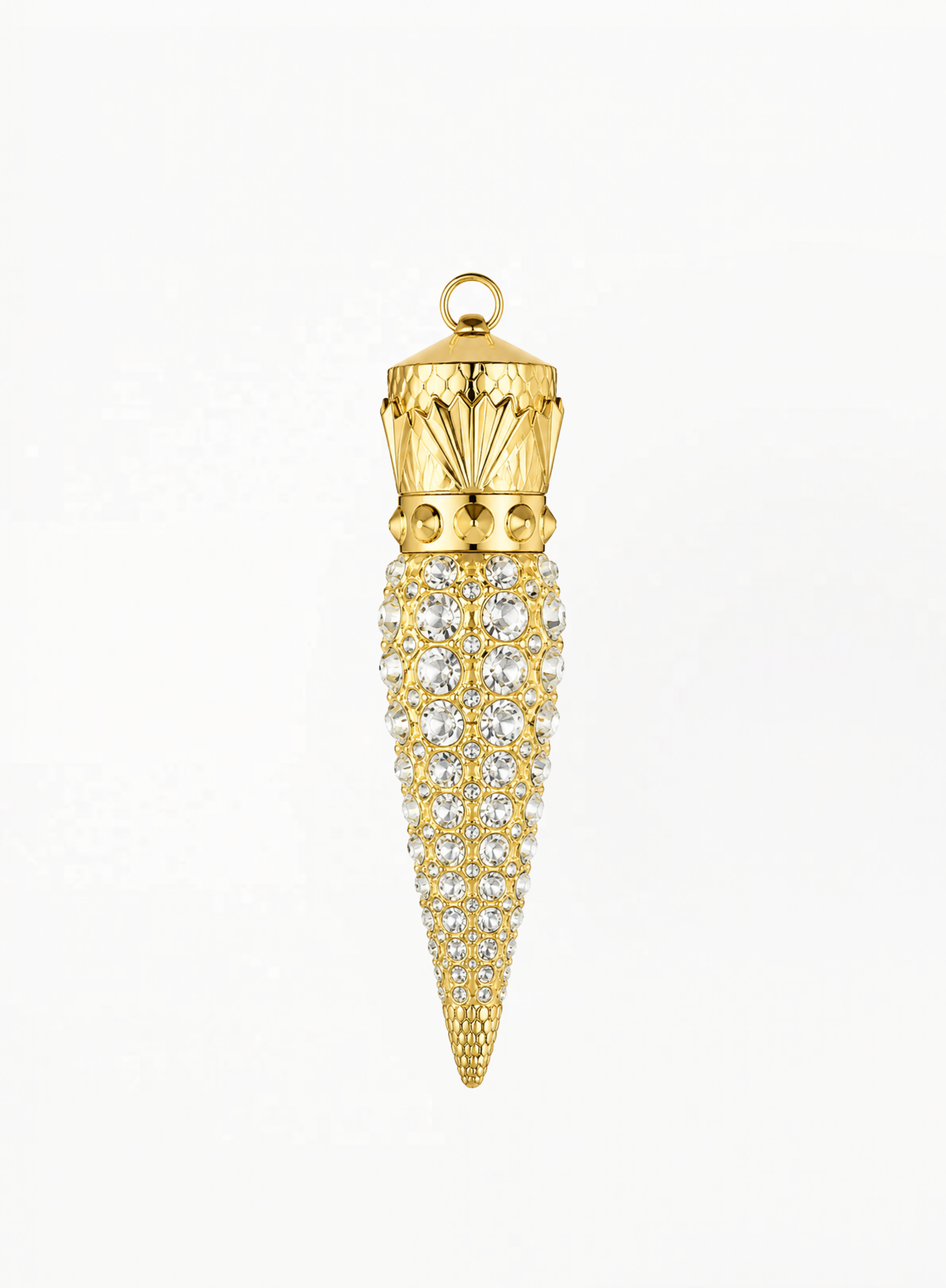 CHRISTIAN LOUBOUTIN L’Écrin Strass Limited Edition refillable lipstick case embellished with sparkling crystals and gold-tone details, isolated on a white background.
