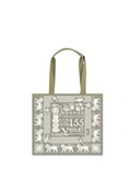 Tote bag with decorative design and text on a white background