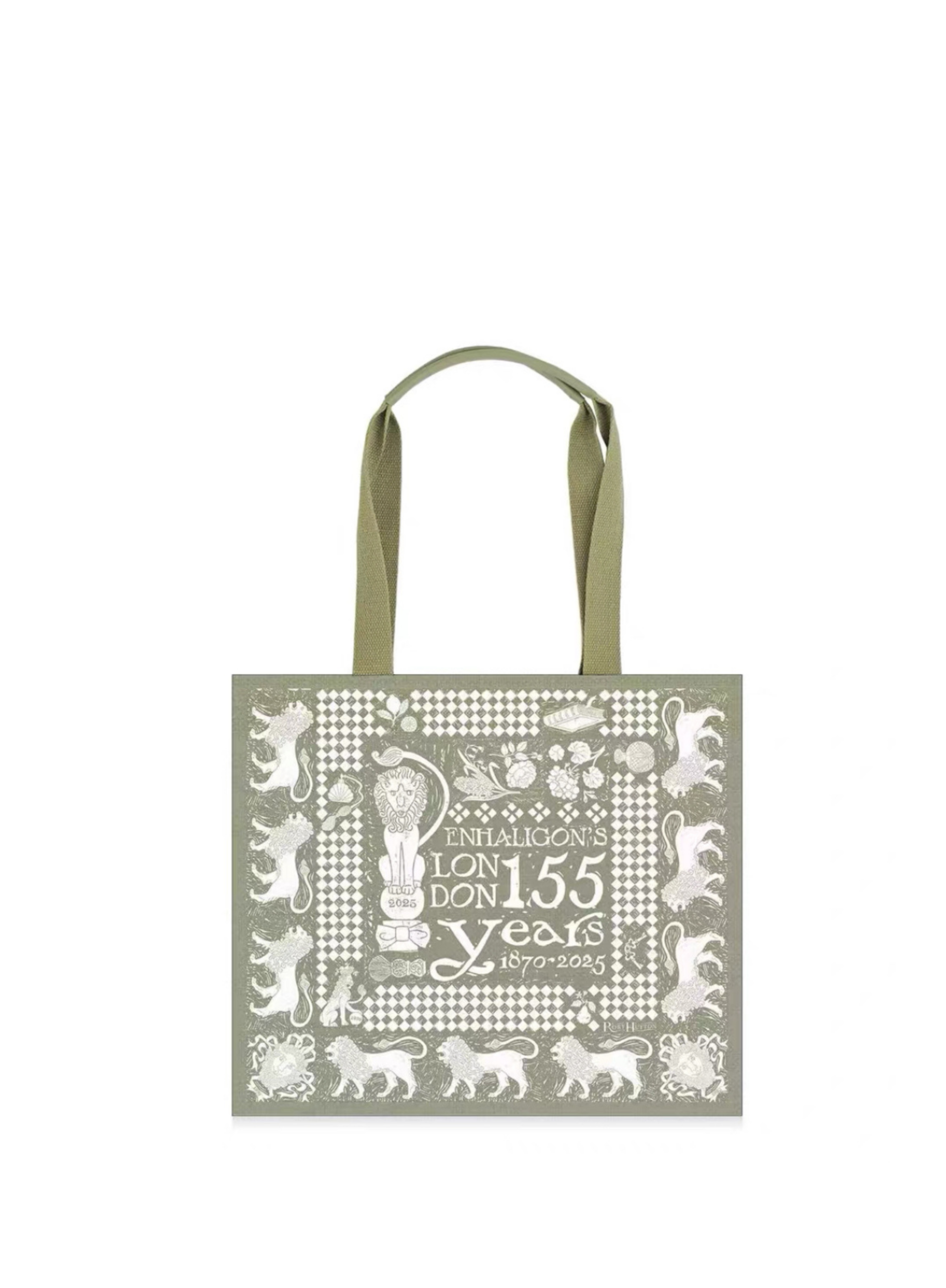 Tote bag with decorative design and text on a white background