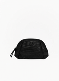 GIORGIO ARMANI black mesh cosmetic pouch with zip closure and signature logo, 16×11×7 cm, isolated on a white background.