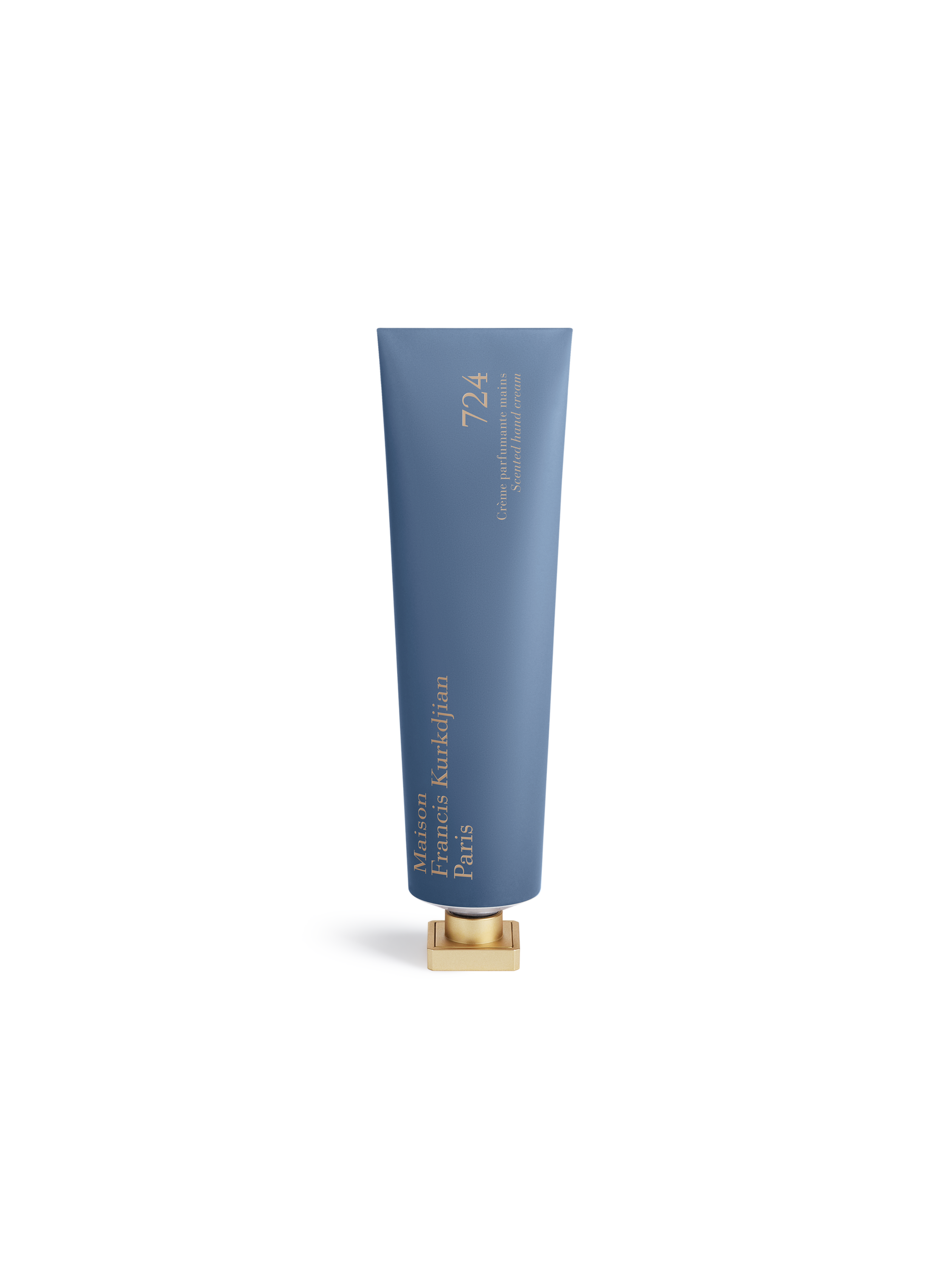 Maison Francis Kurkdjian 724 scented hand cream in blue tube with gold cap, front view on white background
