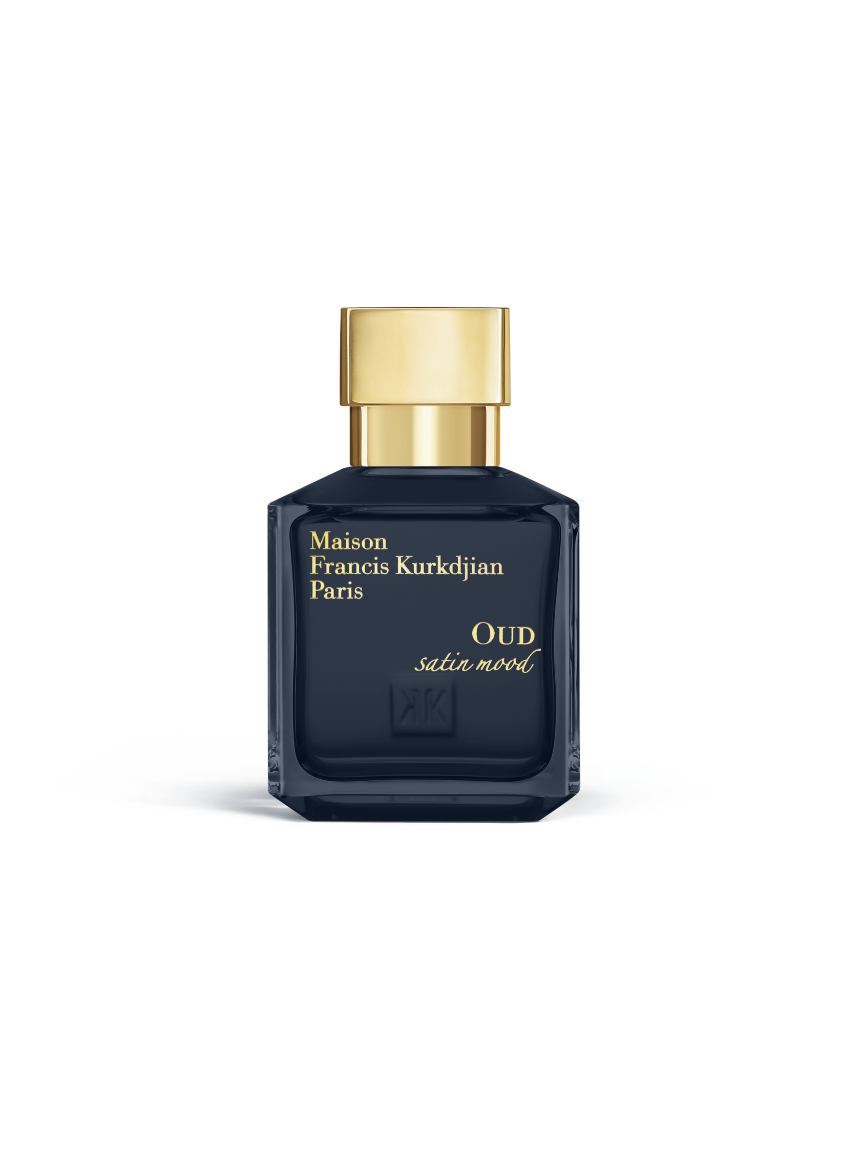 Maison Francis Kurkdjian Oud Satin Mood Eau de Parfum bottle, dark blue glass with gold cap, front view on white background
