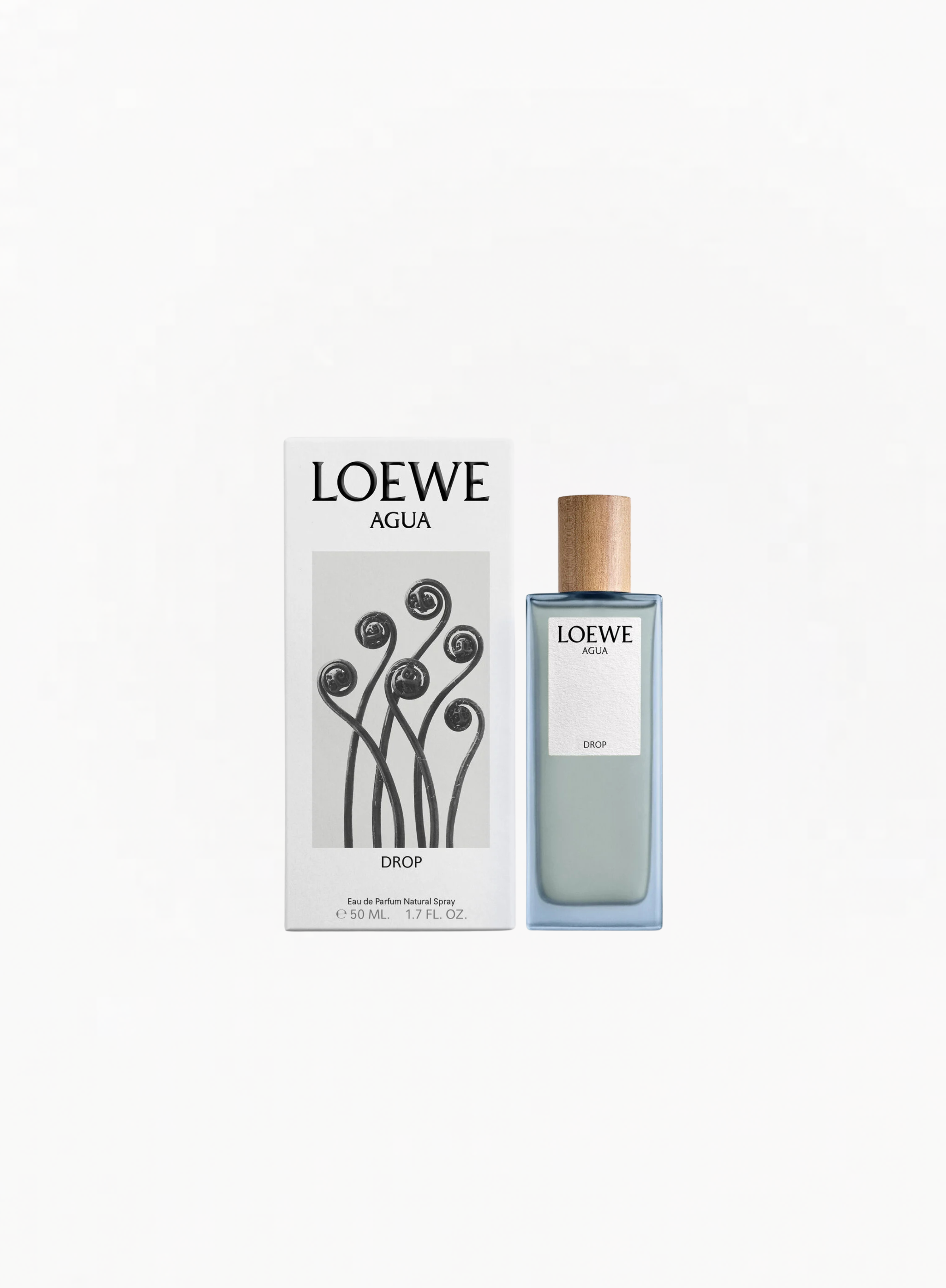 LOEWE Agua Drop Eau de Parfum 50ml bottle and retail box with a wooden cap displayed on a white background.