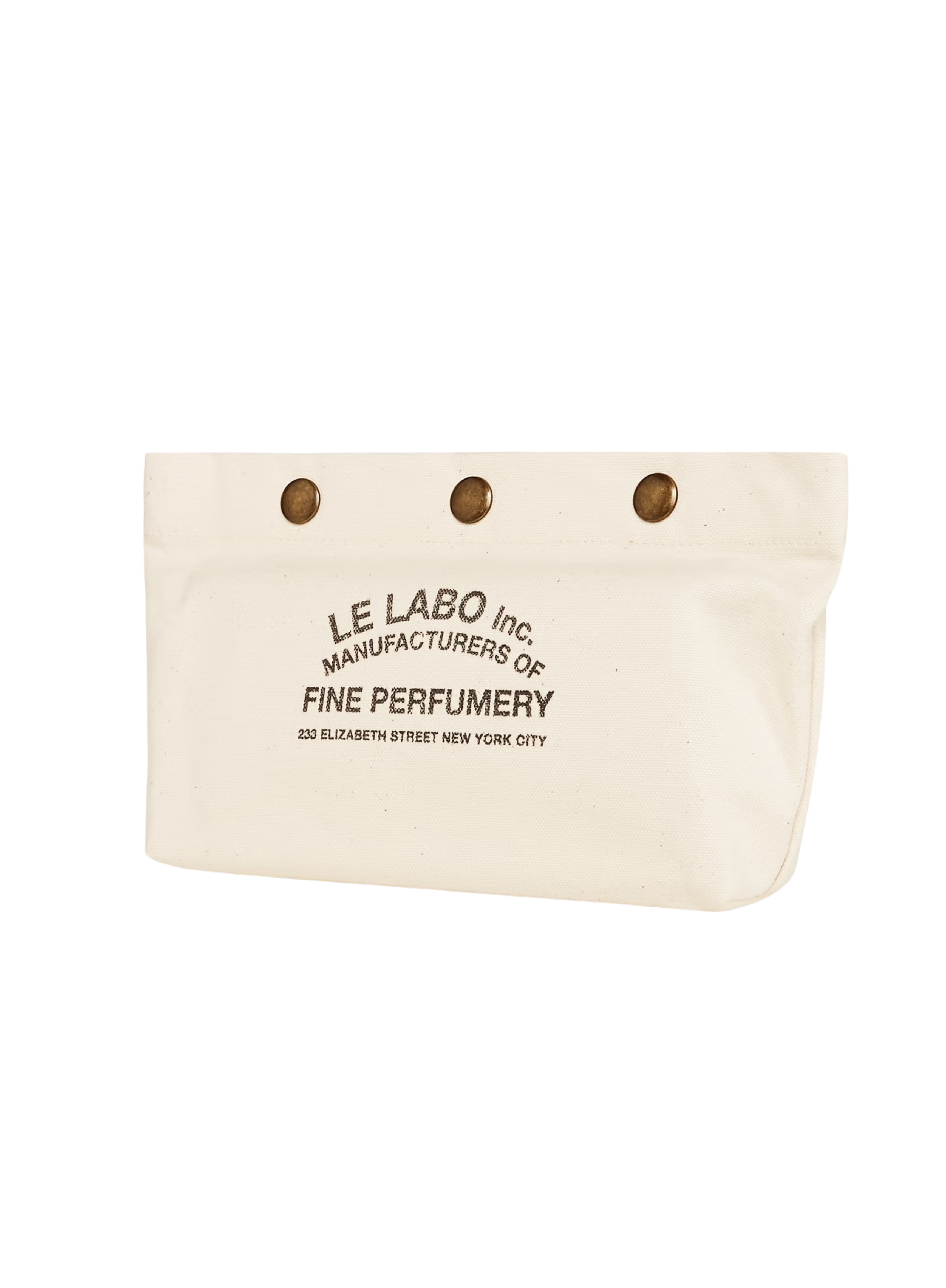 Beige pouch with 'Le Labo' branding on a white background