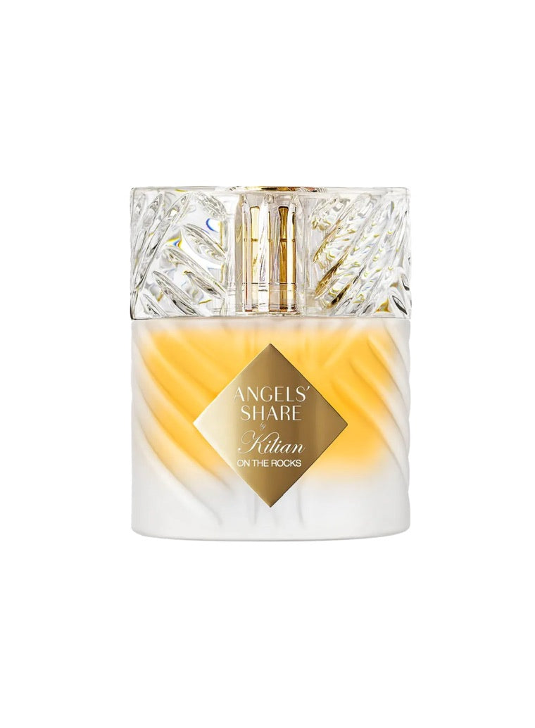 Kilian Angels’ Share On The Rocks Eau de Parfum bottle with faceted glass design on a white background