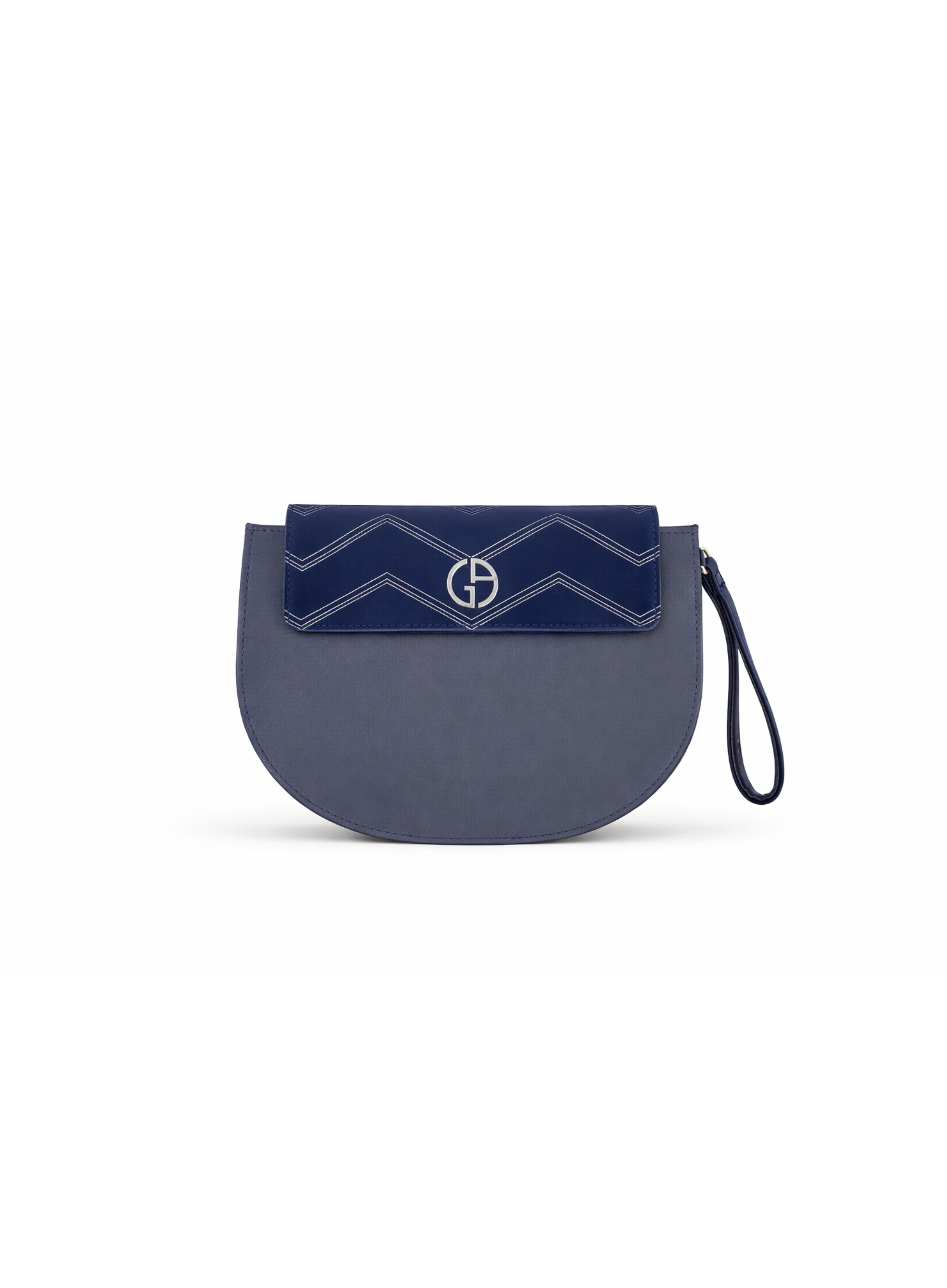 Armani navy blue cosmetics bag with navy blue detail, limited edition luxury makeup pouch on white background
