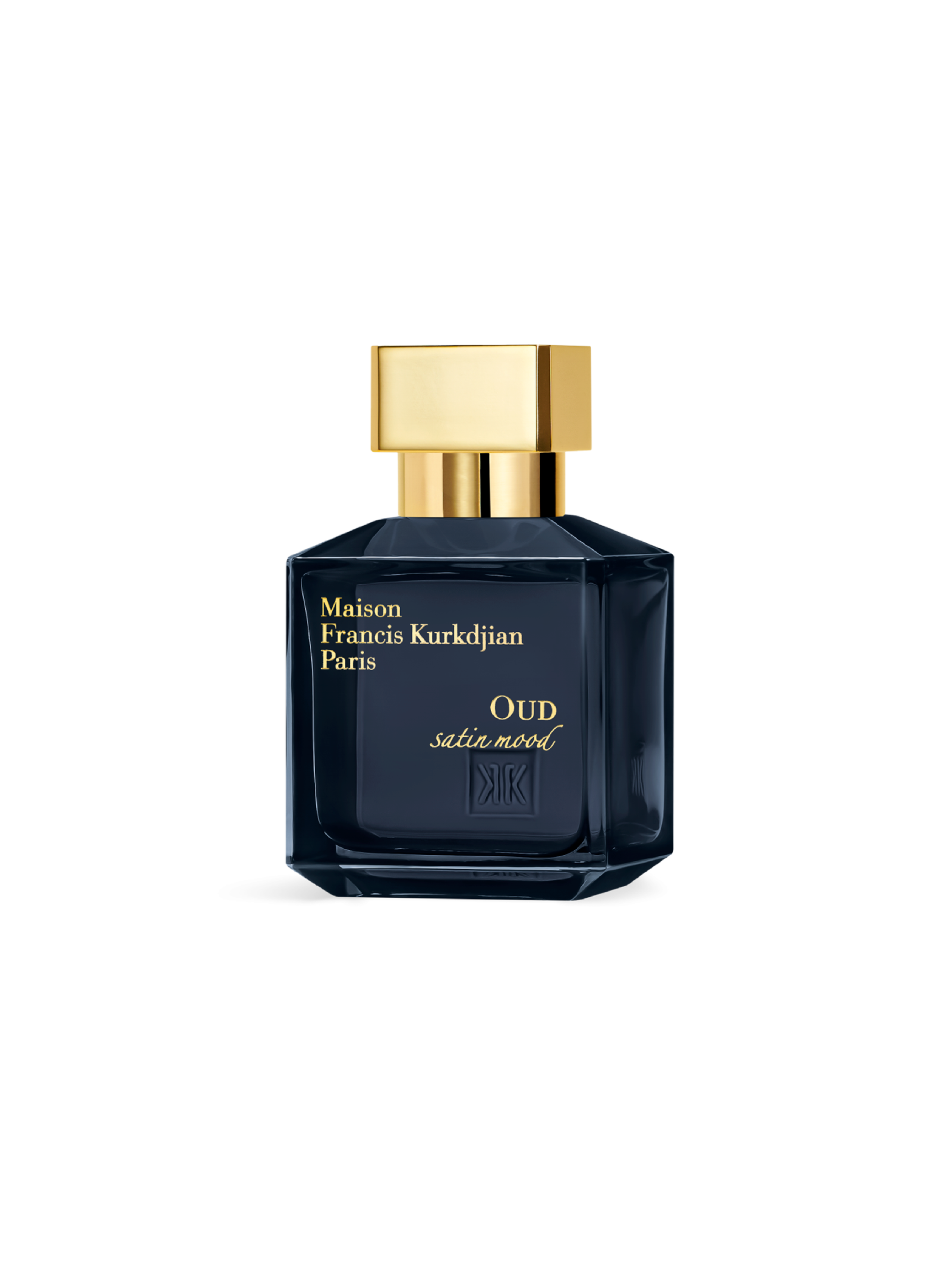 Maison Francis Kurkdjian Oud Satin Mood Eau de Parfum, dark blue square bottle with gold cap, centered front view on white background