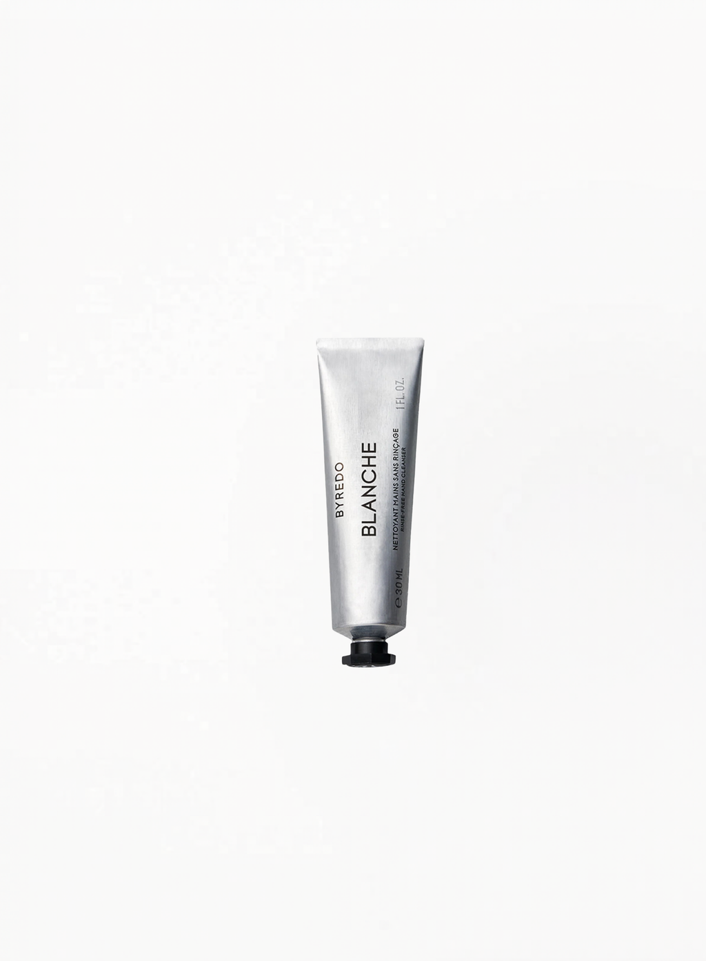 Byredo blanche rinse free hand cleanser silver tube on a white background