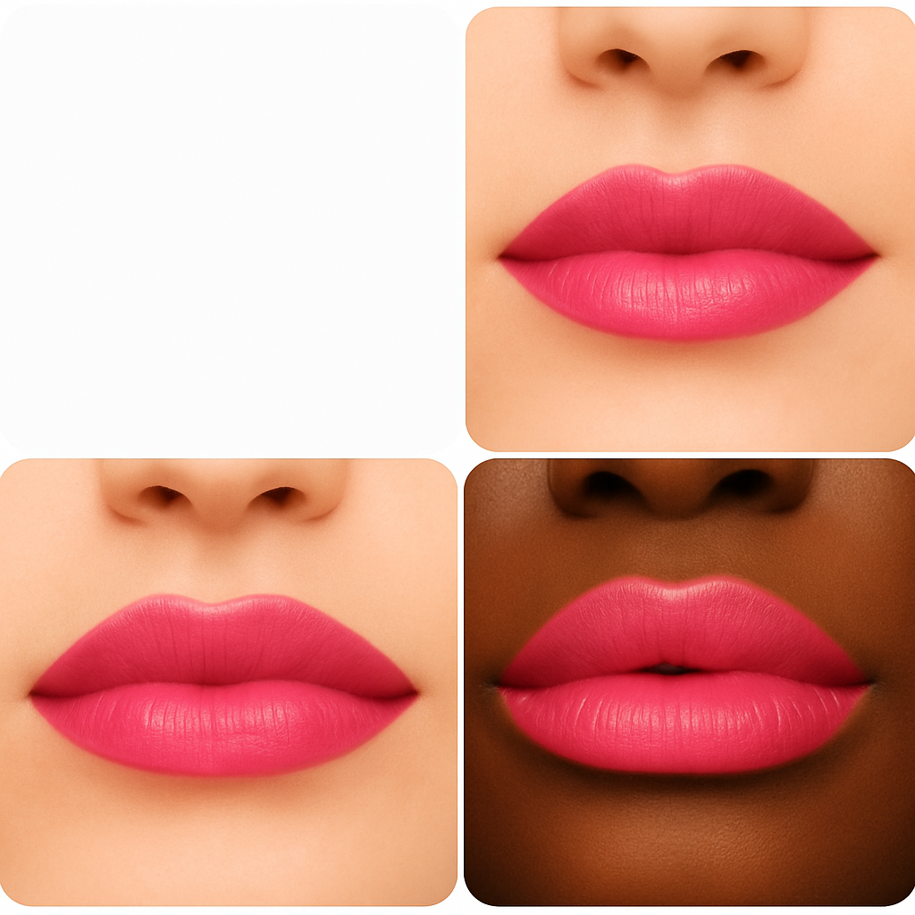 Close-up of lips wearing a bright pink lipstick on different skin tones.