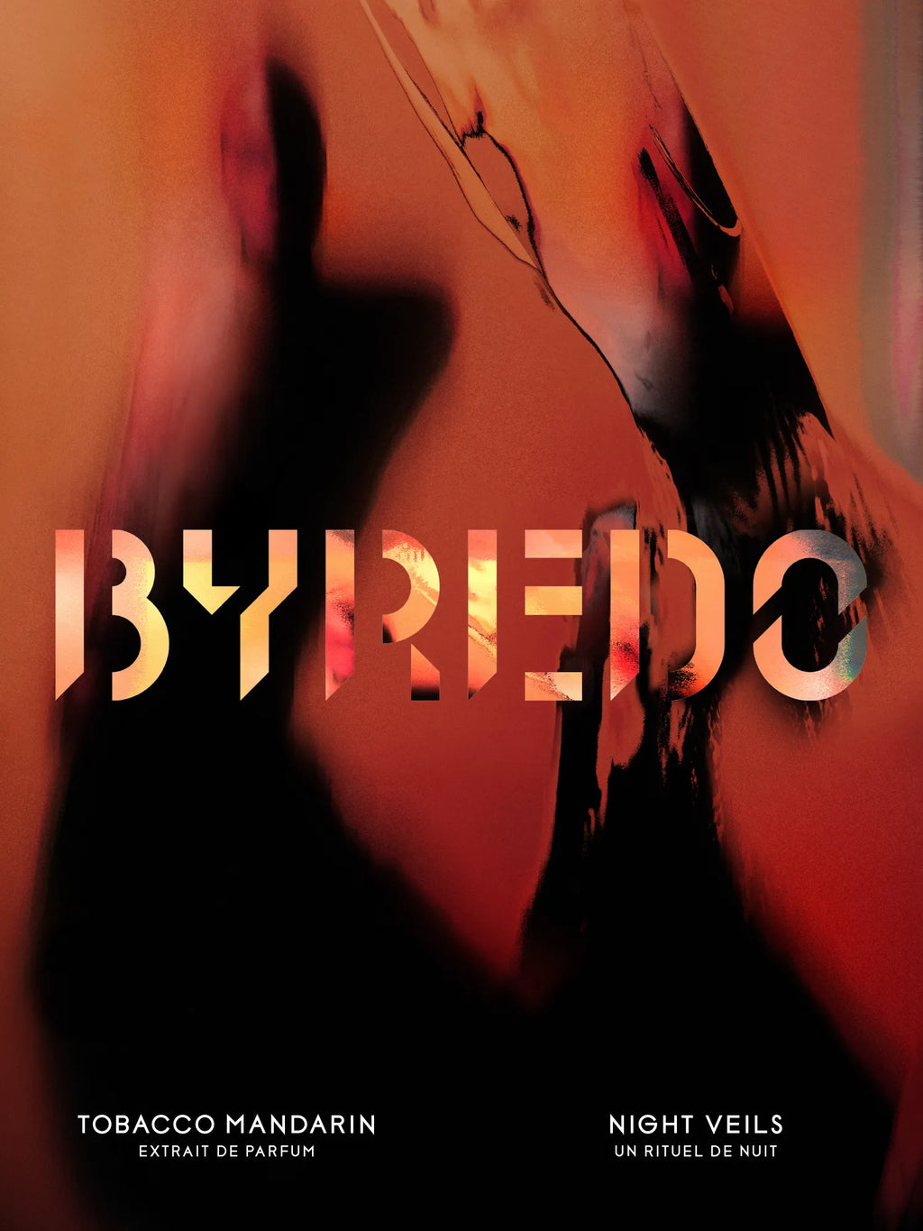 Byredo perfume advertisement with abstract design and text, tobacco mandarin extrait de parfum. night veils