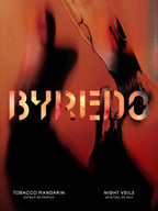 Byredo perfume advertisement with abstract design and text, tobacco mandarin extrait de parfum. night veils