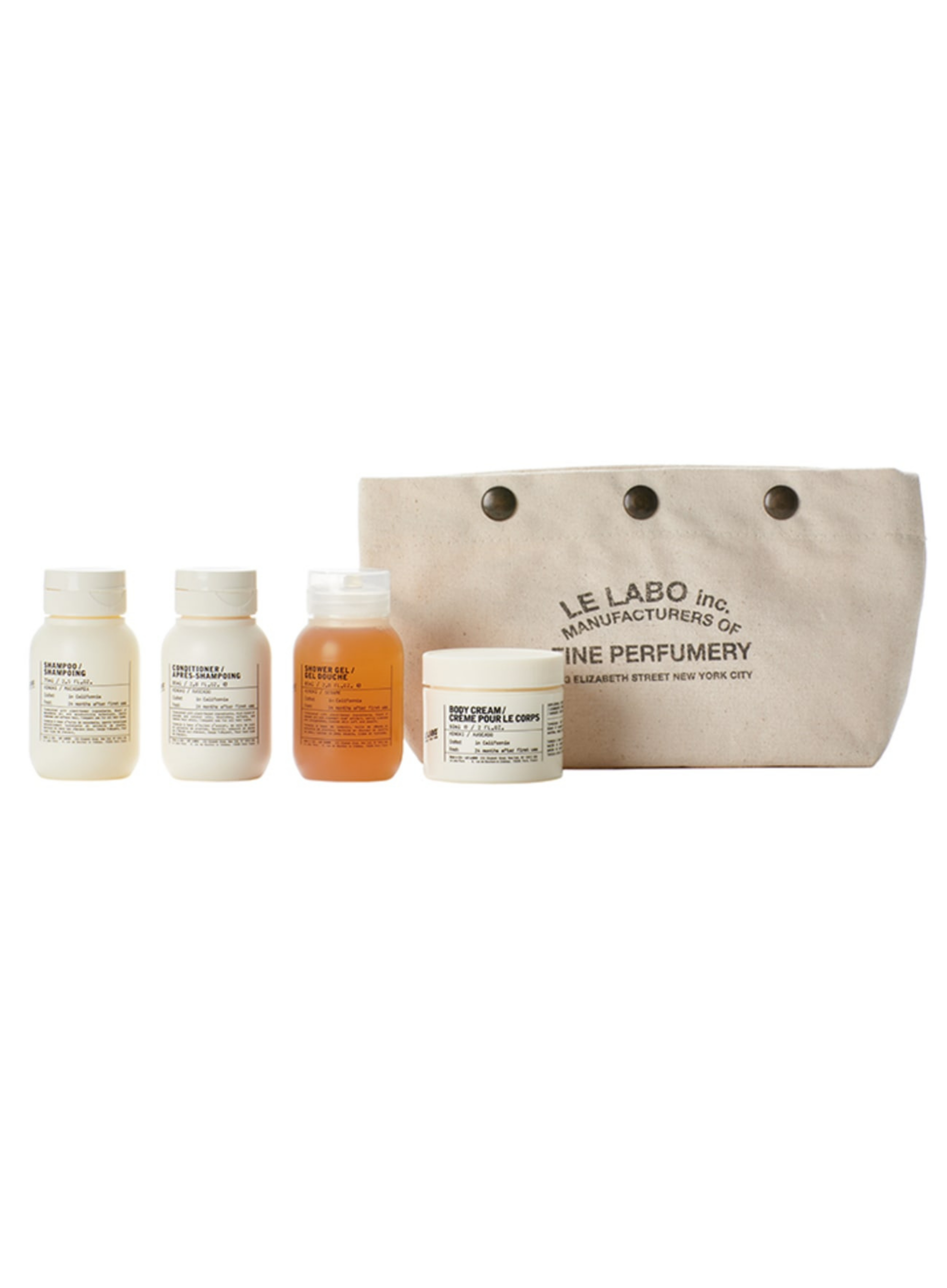 Le Labo Travel Amenities Set with Shampoo, Conditioner, Shower Gel, Body Cream & Canvas Pouch — Authentic at Exquisite Georgia
