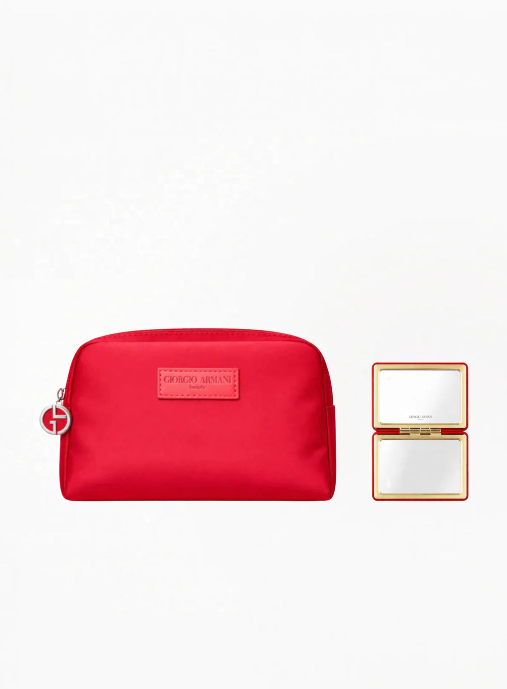 GIORGIO ARMANI ლიმიტირებული წითელი კოსმეტიკური ჩანთა 16x10x3სმ და პრემიუმ სარკე