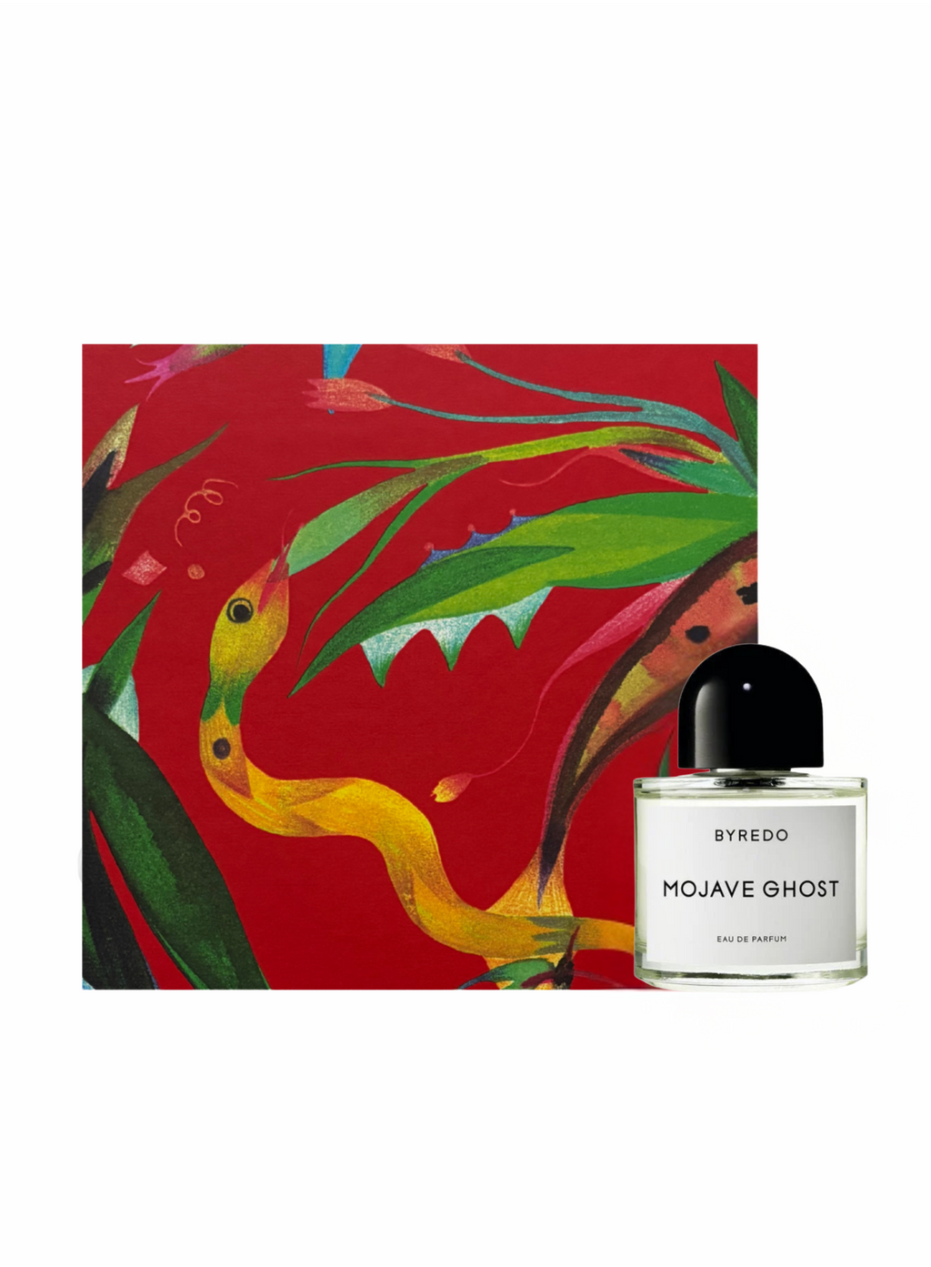 Byredo Mojave Ghost perfume bottle in front of a vibrant red limited-edition gift box with colorful botanical artwork and a yellow snake illustration.