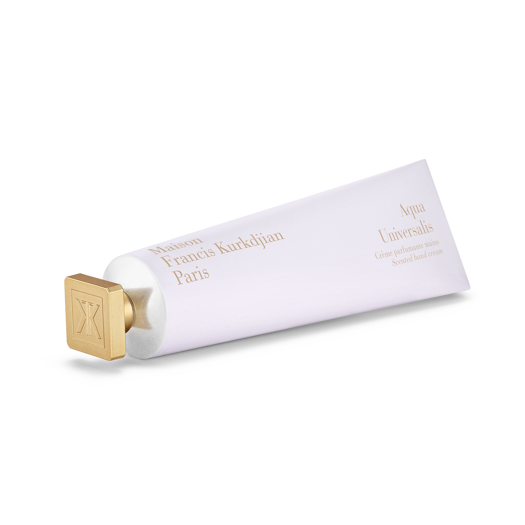 Maison Francis Kurkdjian Aqua Universalis scented hand cream in a white tube with gold cap, angled view on a transparent background