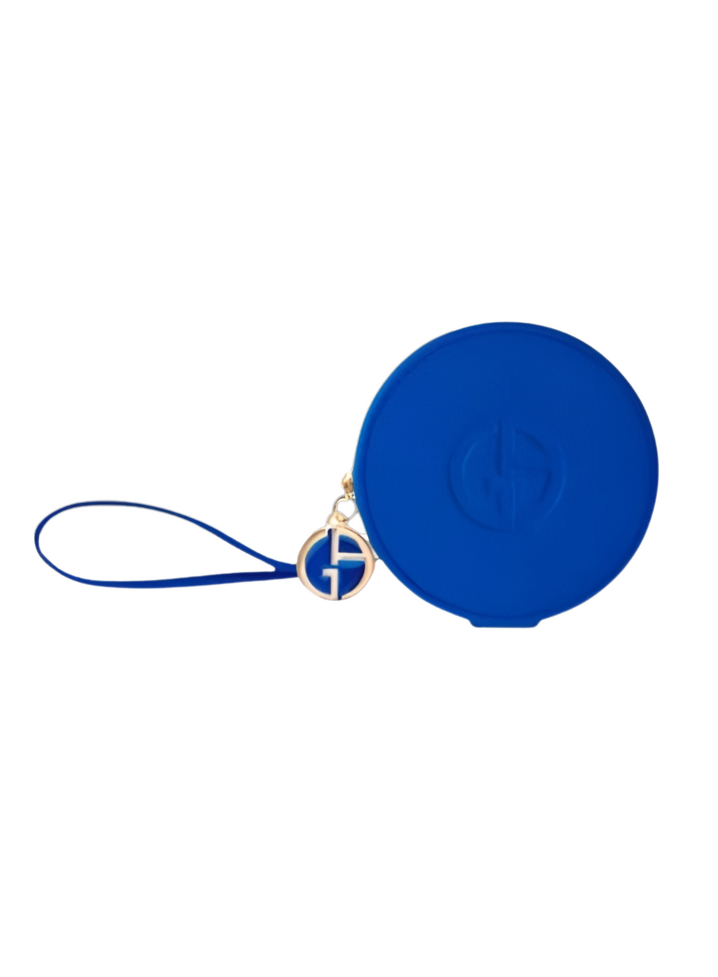 Blue round pouch with a strap on a white background giorgio armani pouch