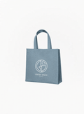 Giorgio Armani sky blue tote bag with white logo, structured silhouette and short handles, 35x40cm