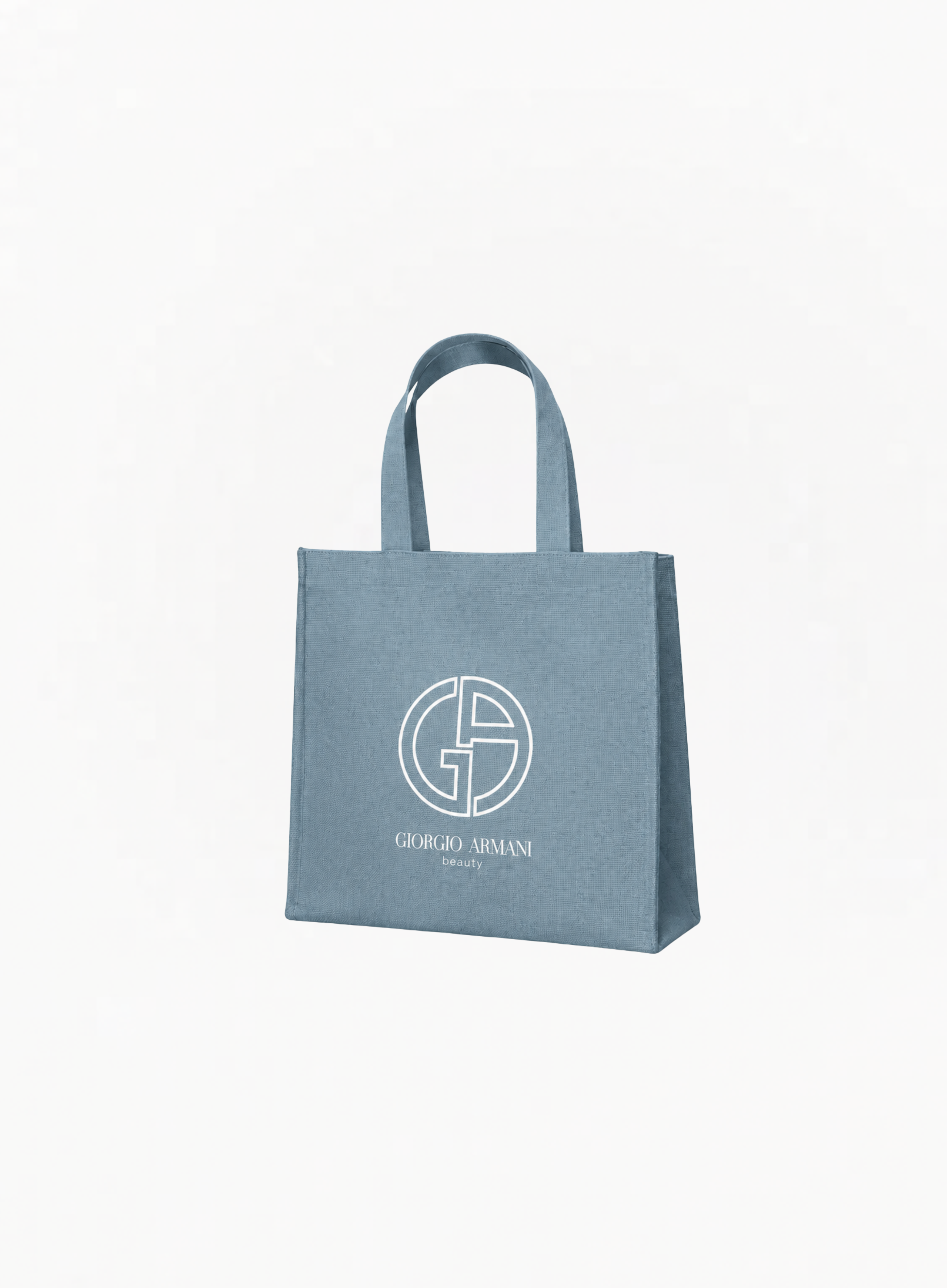 Giorgio Armani sky blue tote bag with white logo, structured silhouette and short handles, 35x40cm