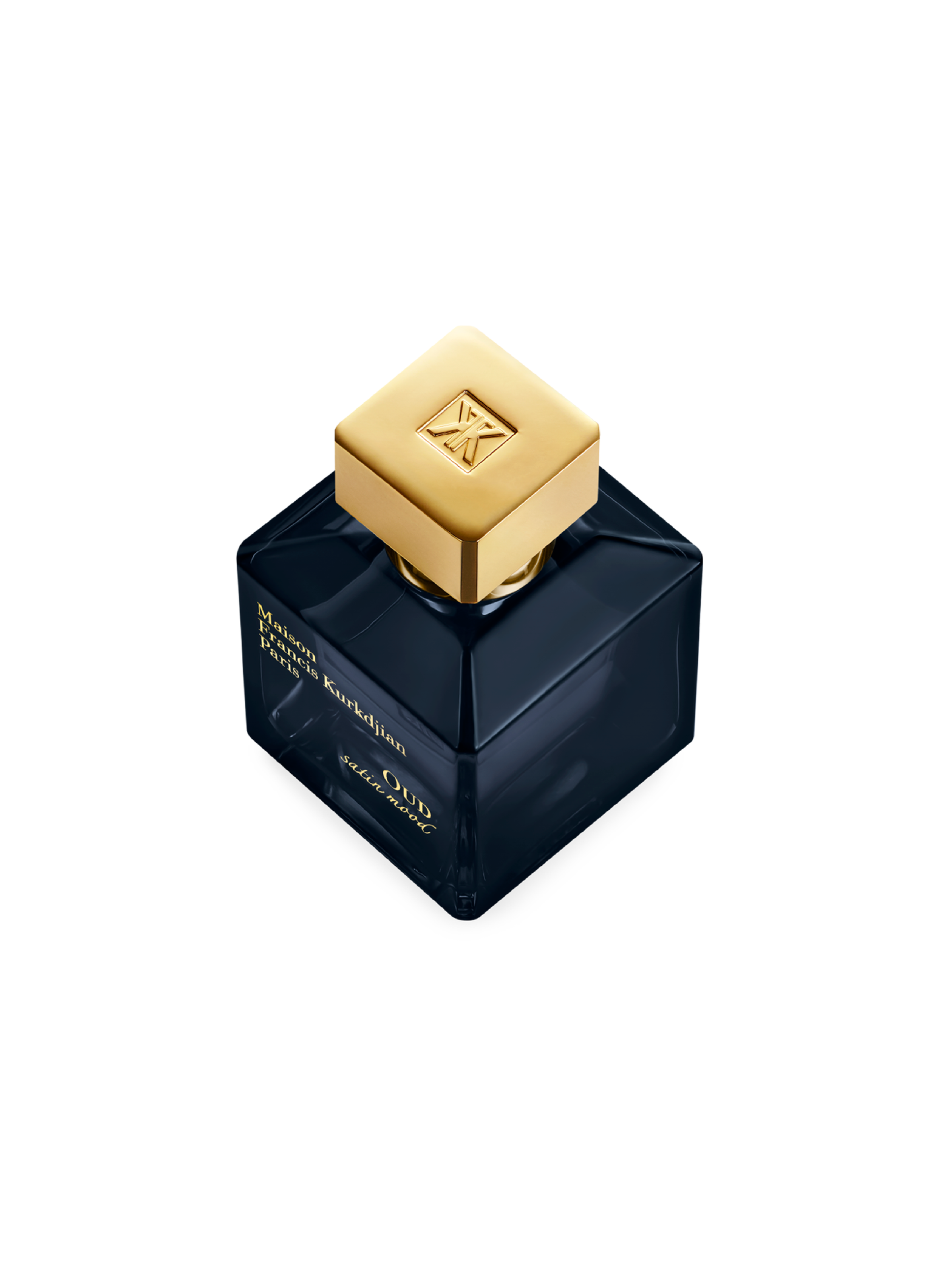 Maison Francis Kurkdjian Oud Satin Mood perfume bottle with gold cap, dark blue glass, angled top view on white background