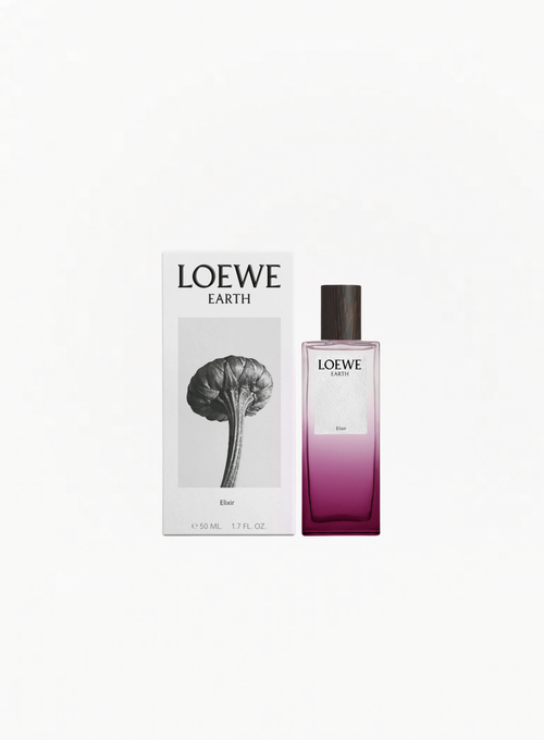LOEWE Earth Elixir Eau de Parfum 50ml bottle with a dark wooden cap displayed beside its retail box on a white background.