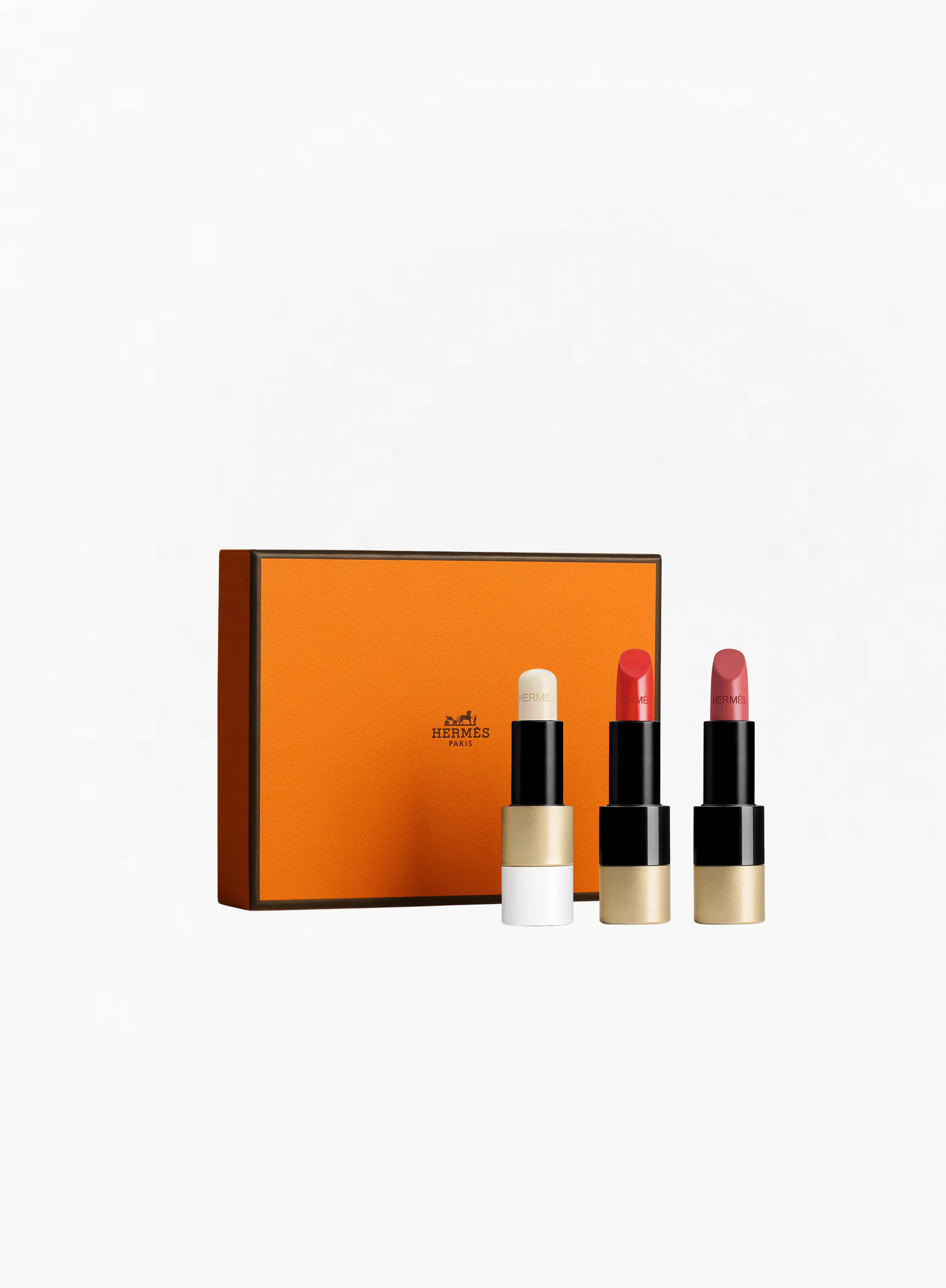 HERMÈS Limited Edition Trio Gift Set – Lip Care Balm, Satin Lipstick 75 Rouge Amazone And Satin Lipstick 21 Rose Épicé
