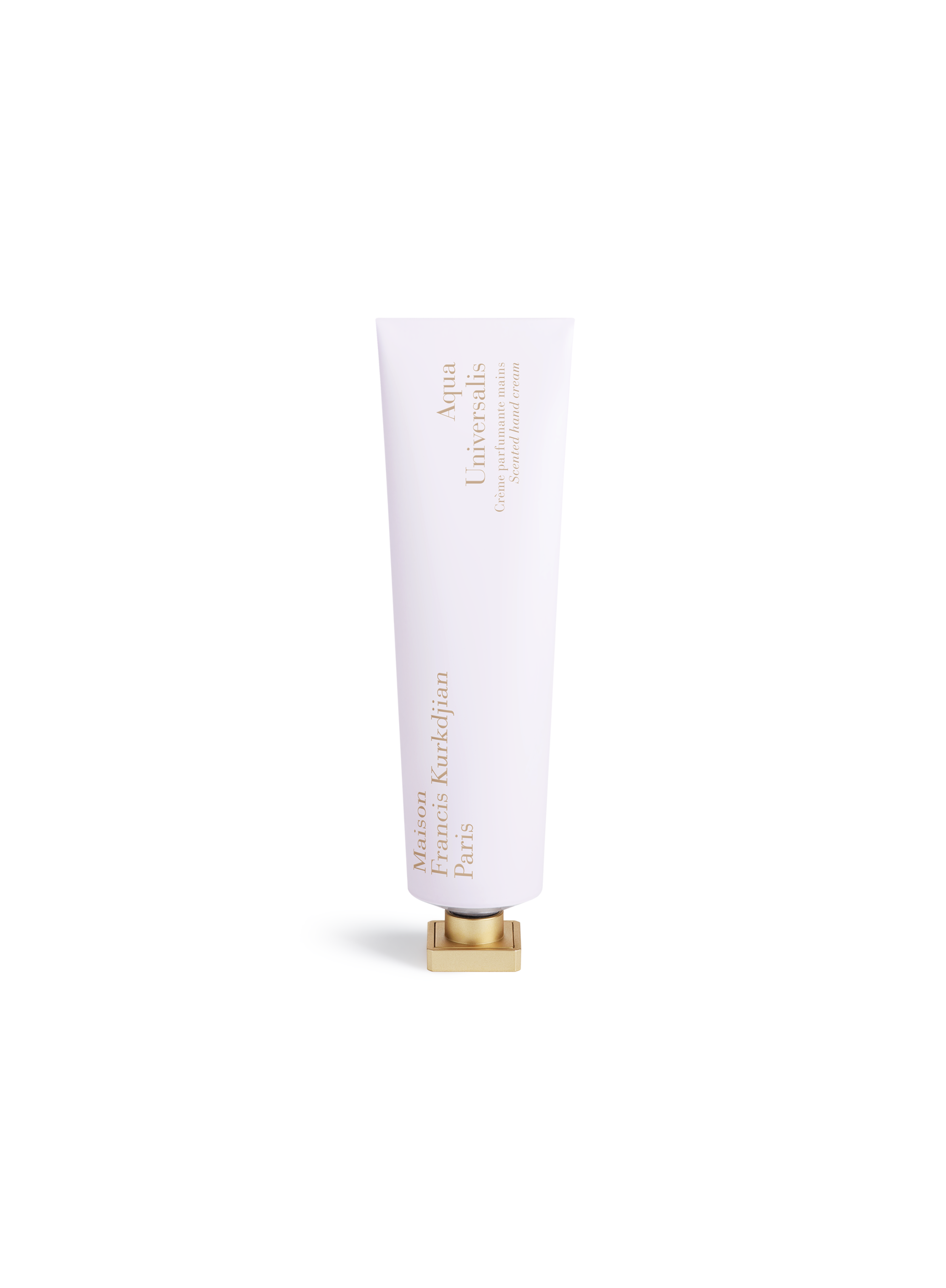 Maison Francis Kurkdjian Aqua Universalis scented hand cream in white tube with gold cap, front view on white background
