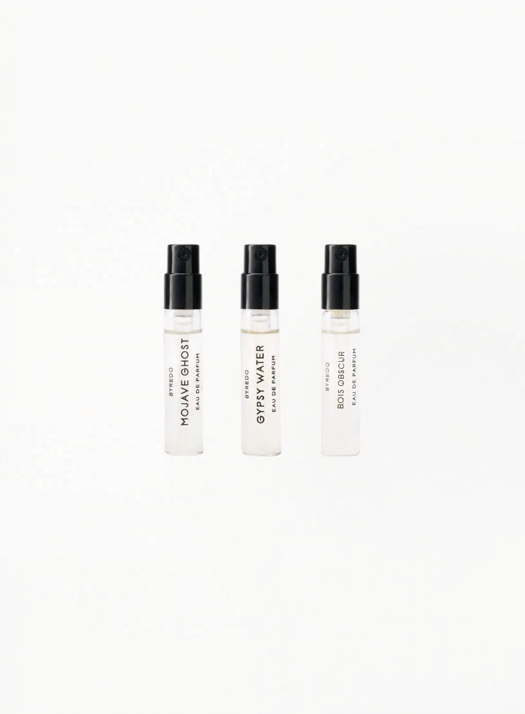 BYREDO Gypsy Water Absolu de Parfum (x1) & Mojave Ghost Absolu de Parfum (x1) & Bois Obscur Perfume Extract (x1) — 3 × 2ml Discovery Set