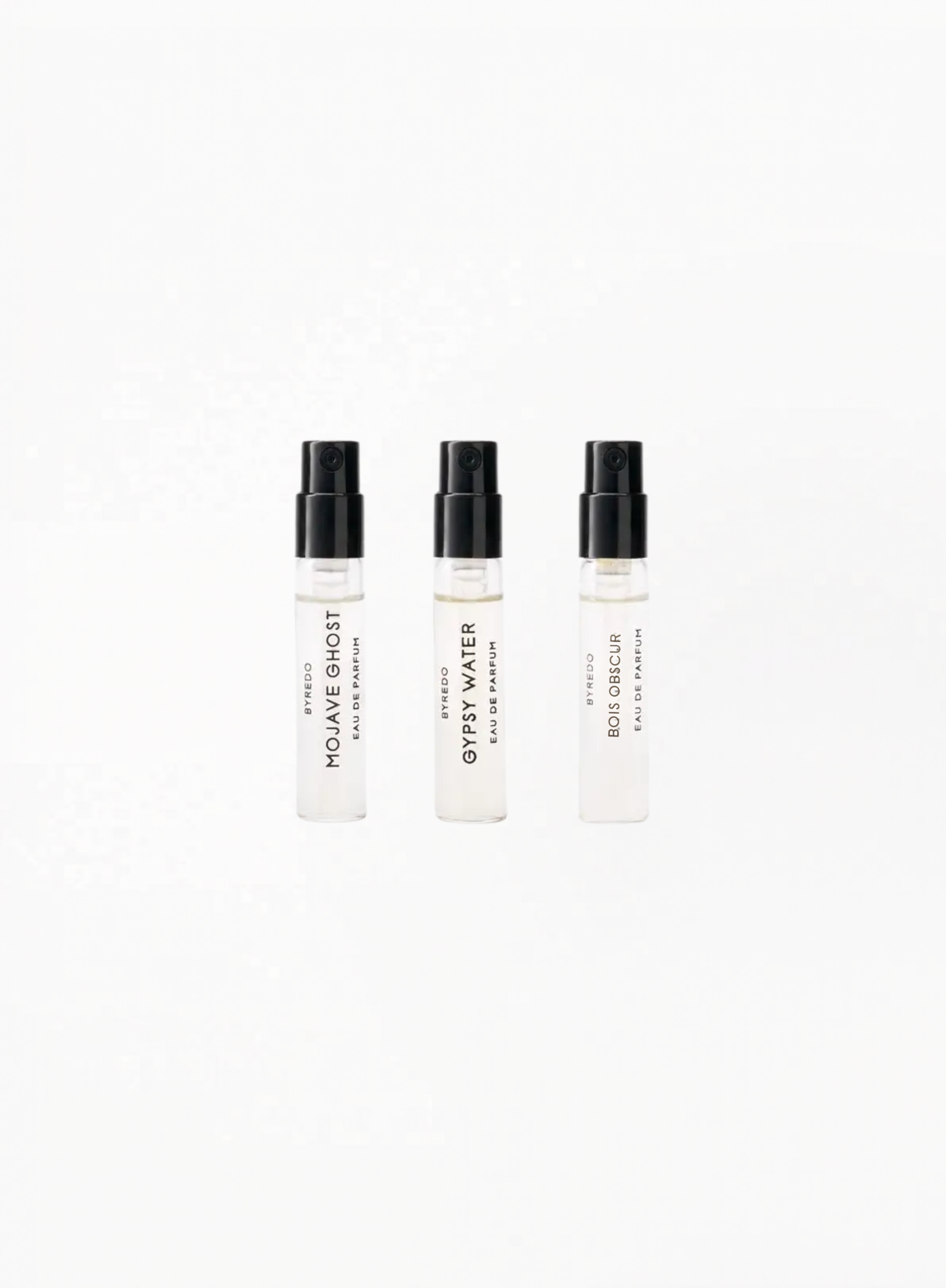 BYREDO Gypsy Water Absolu de Parfum (x1) & Mojave Ghost Absolu de Parfum (x1) & Bois Obscur Perfume Extract (x1) — 3 × 2ml Discovery Set