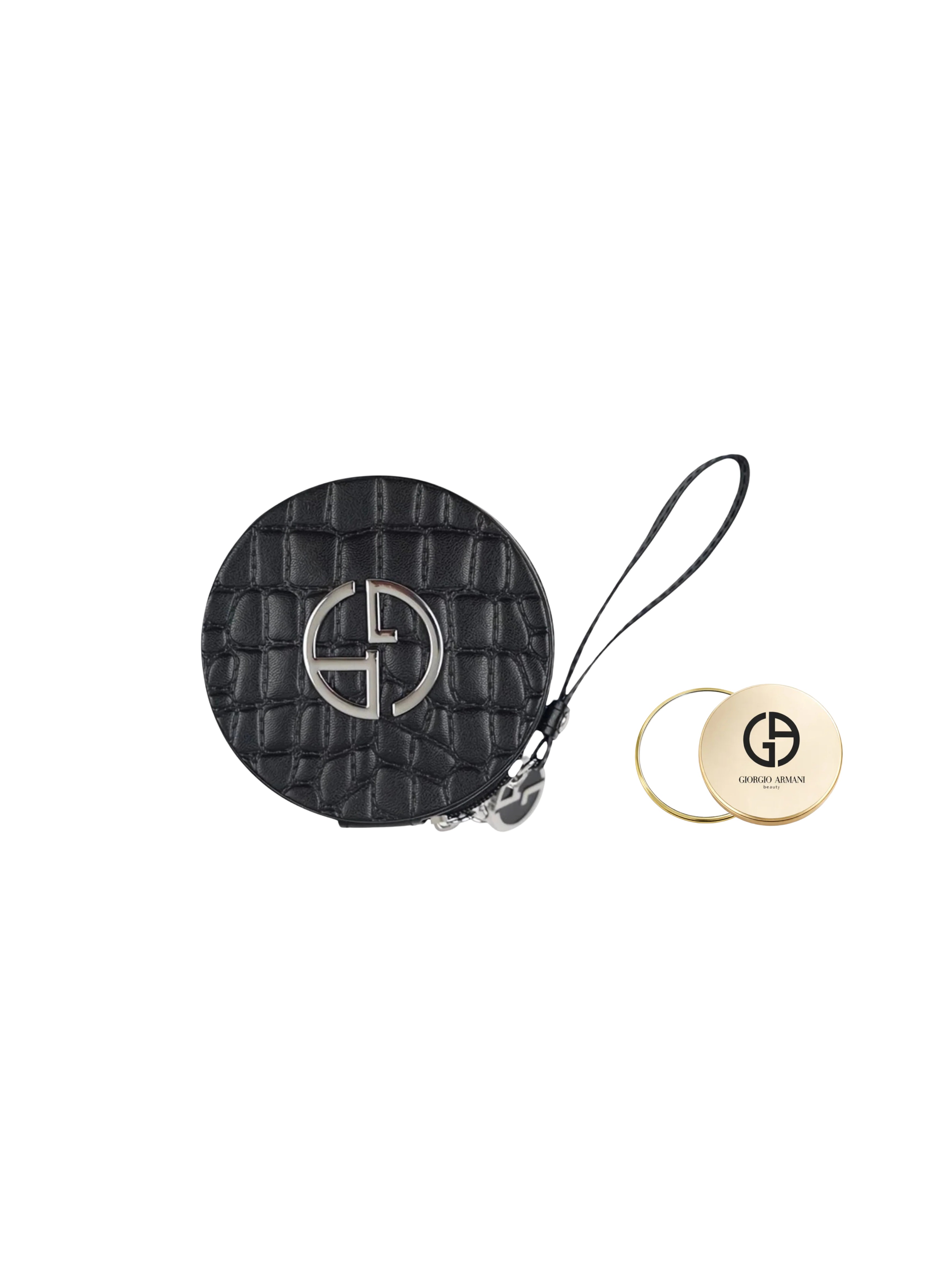 Armani Beauty Round Black Leather Effect Pouch And Gold Mirror