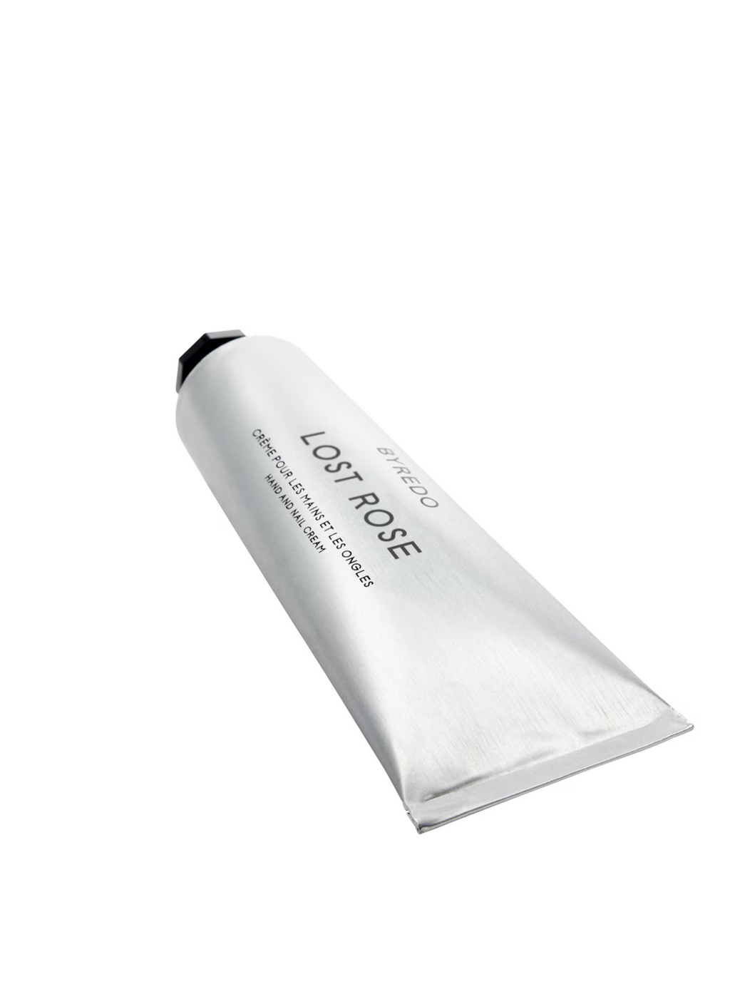 Close-up angled view of BYREDO Lost Rose Hand and Nail Cream 50ML in metallic silver tube packaging.
