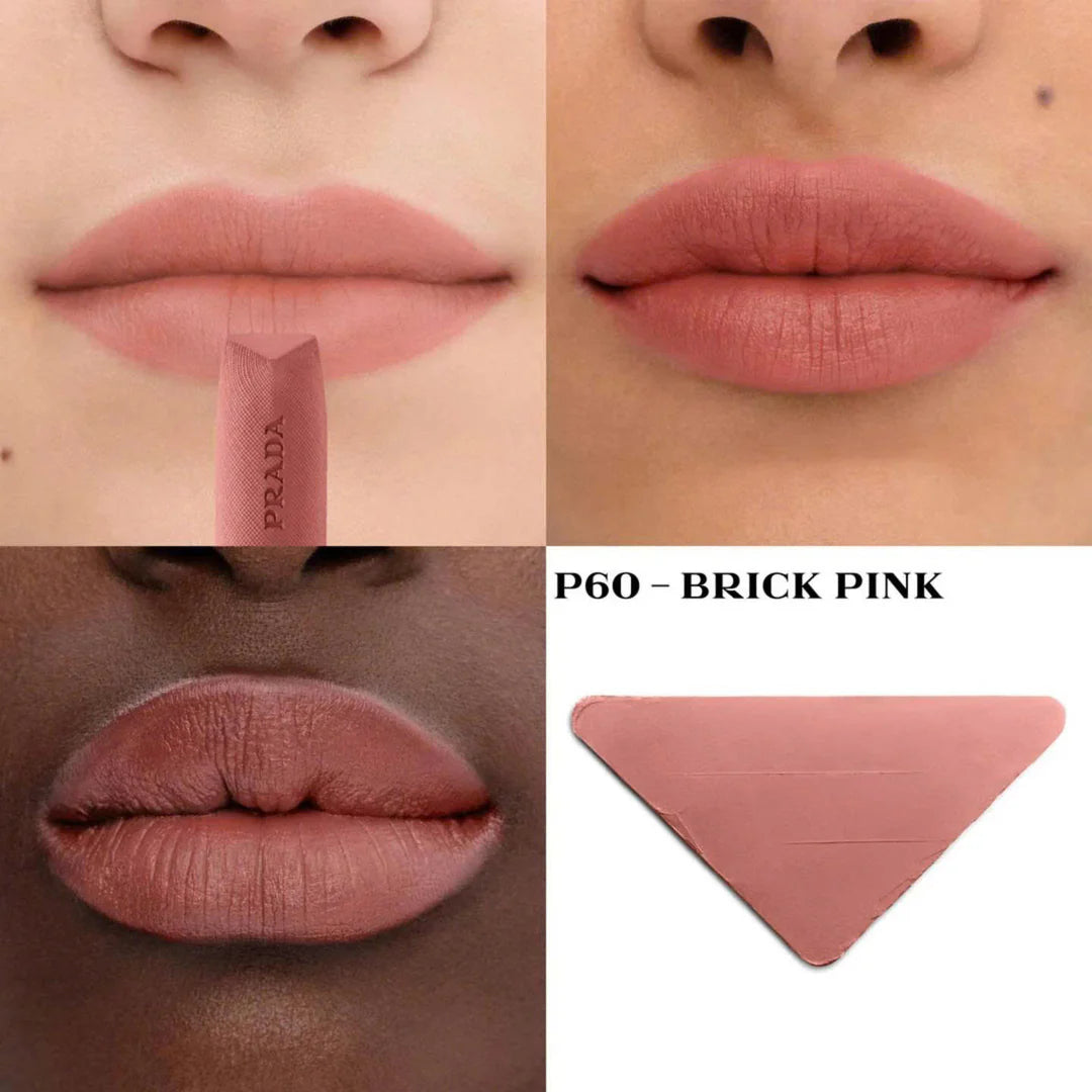 Lipstick shade P60 'Brick Pink' by Prada on different skin tones with a color swatch.