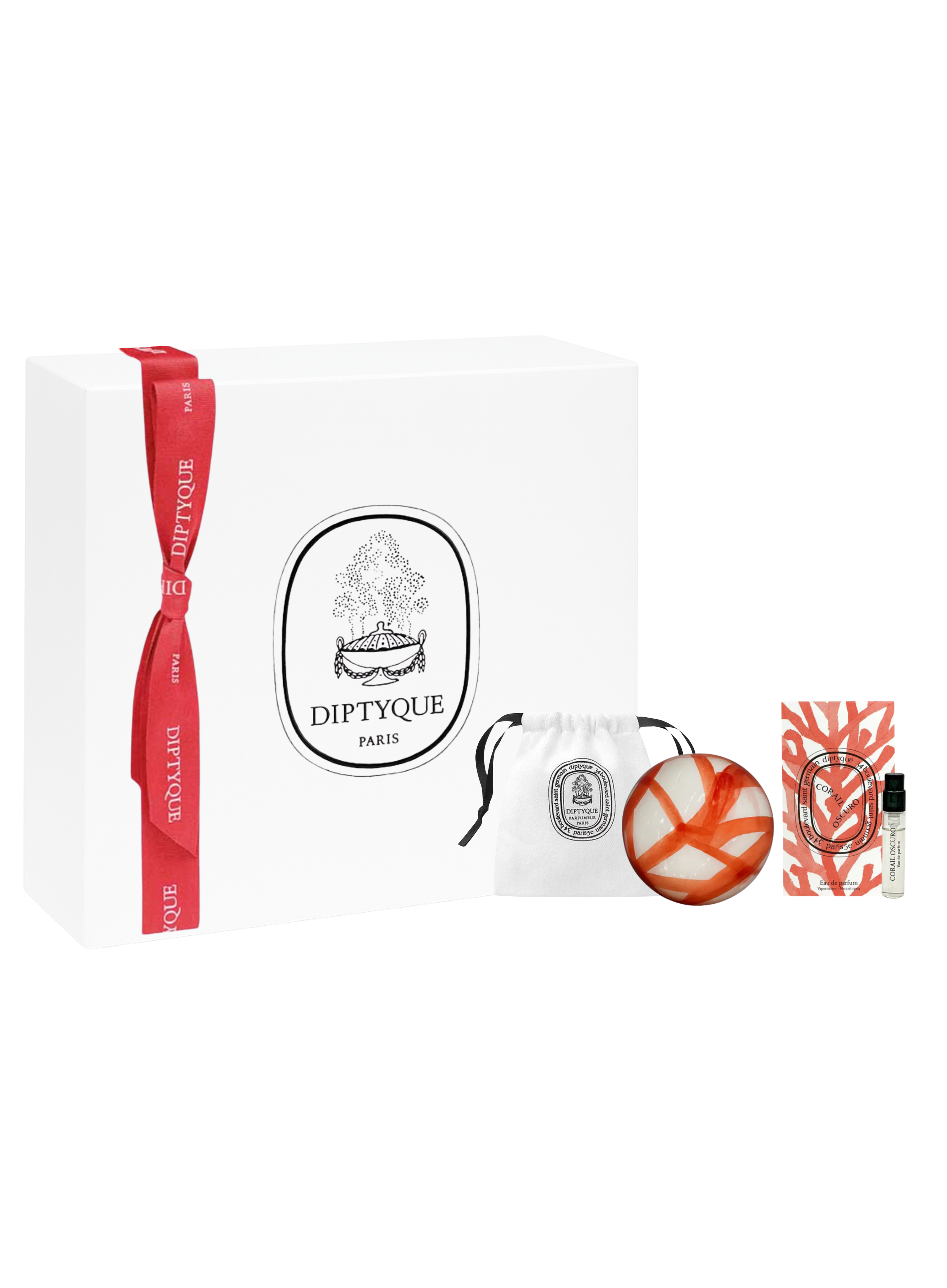 Diptyque Corail Oscuro limited set — white gift box with red ribbon, round glass diffuser for any perfume, pouch and 2ml vial, on white background