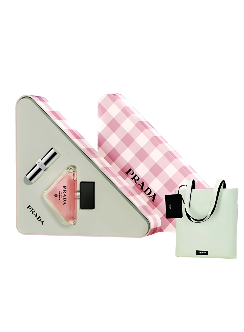 Prada product set including a triangle-shaped box, pink checkered bag, and small white bag on a white background.