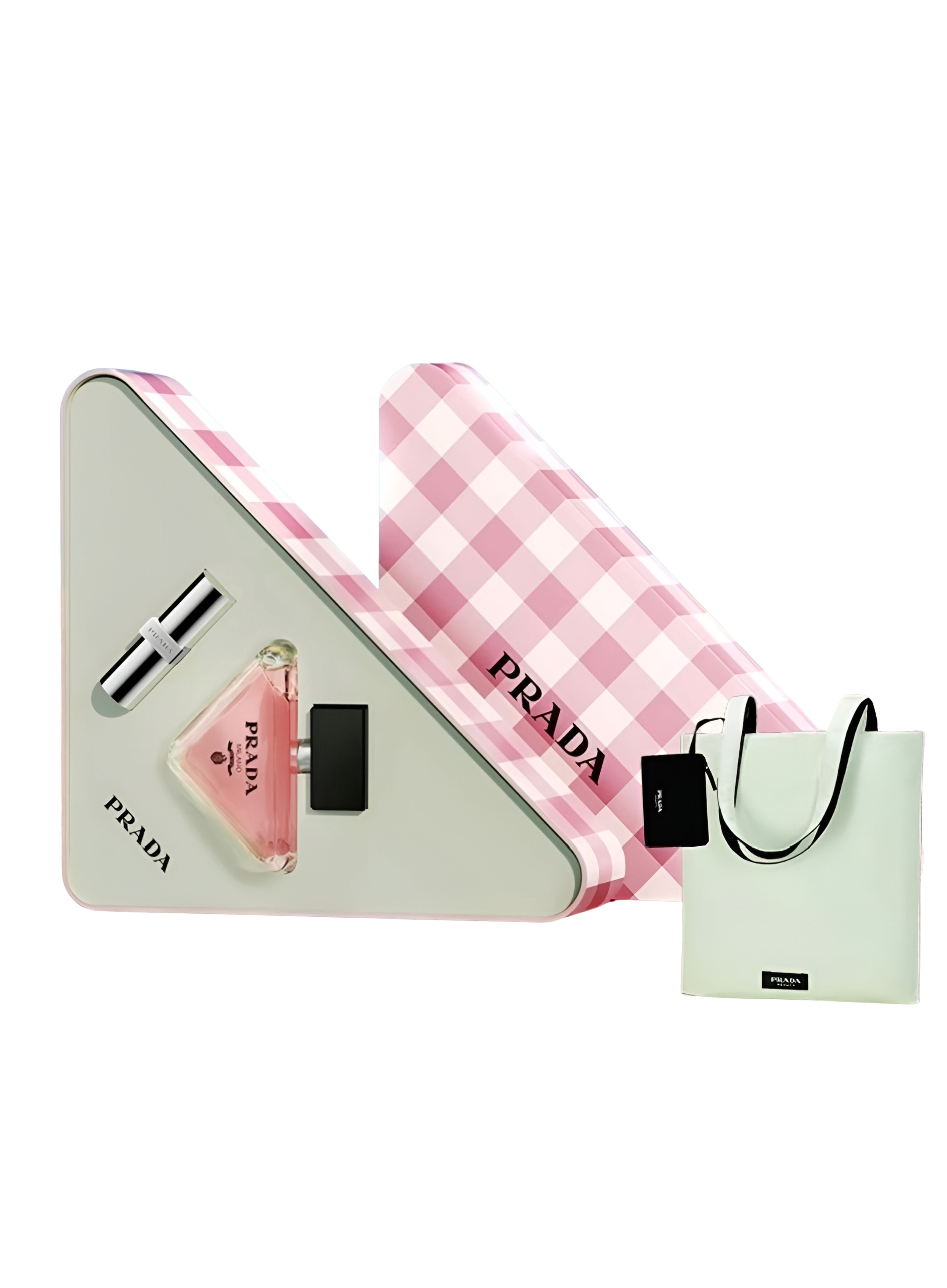 Prada product set including a triangle-shaped box, pink checkered bag, and small white bag on a white background.