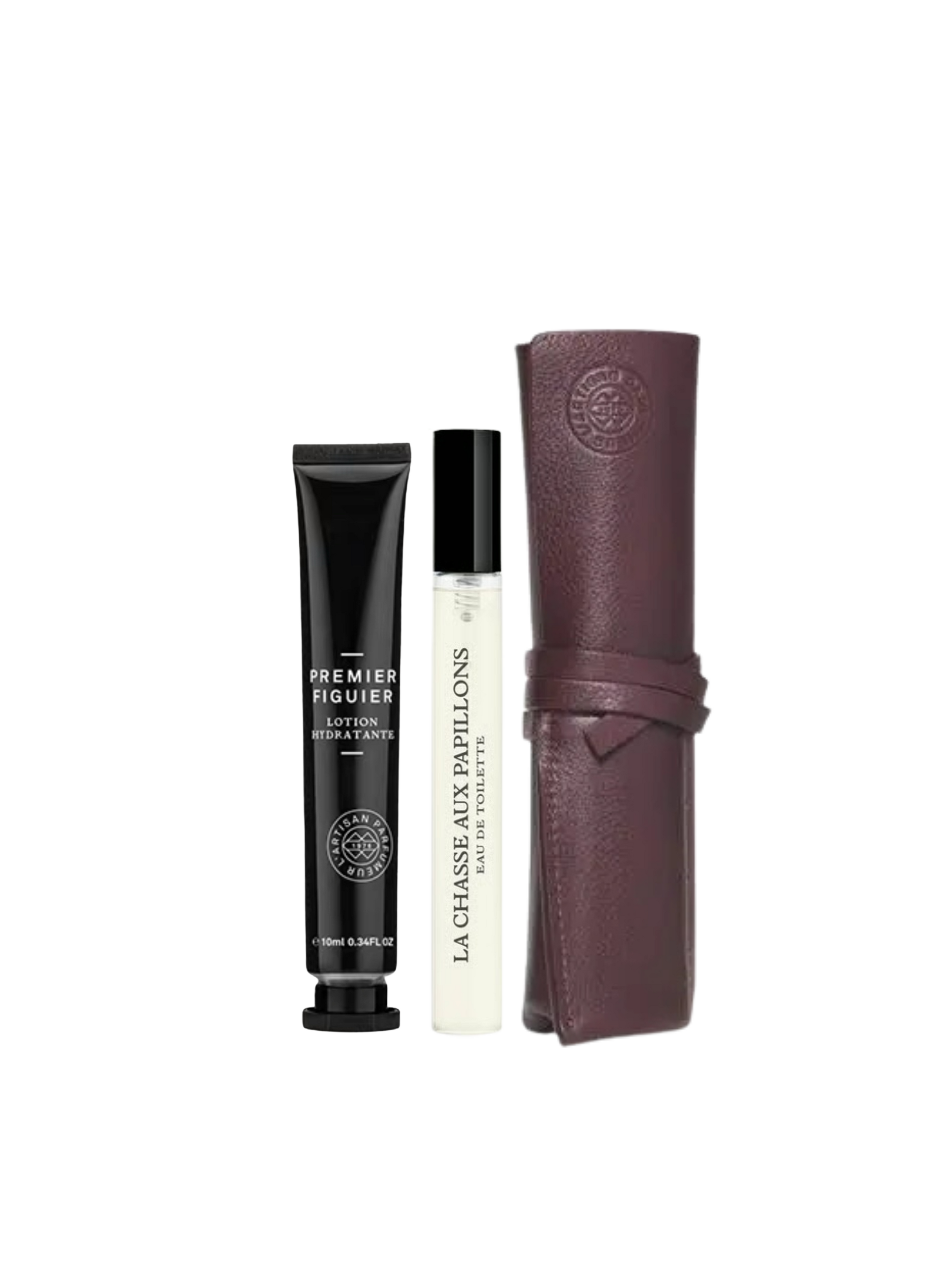 L’Artisan Parfumeur ყავისფერი ტყავის ქეისი – Premier Figuier ლოსიონი 10მლ & La Chasse aux Papillons 10მლ