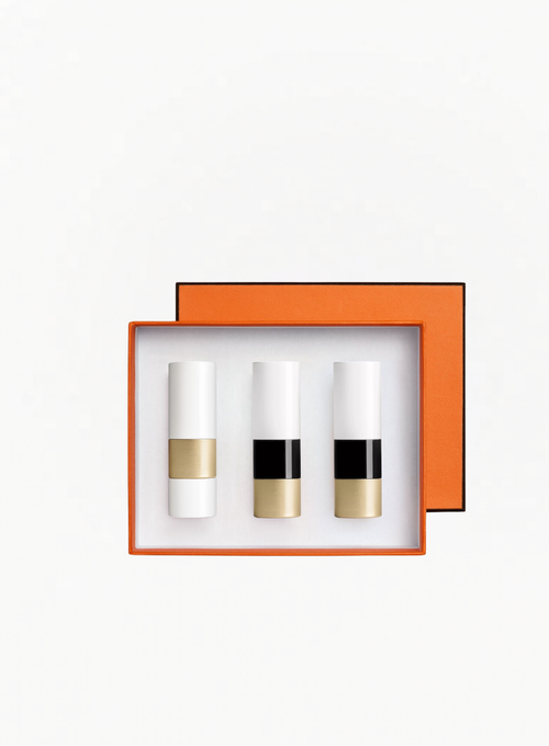 HERMÈS Limited Edition Trio სასაჩუქრე ნაკრები – ტუჩის ბალზამი, სატინის ტუჩსაცხი 75 Rouge Amazone და სატინის ტუჩსაცხი 21 Rose Épicé