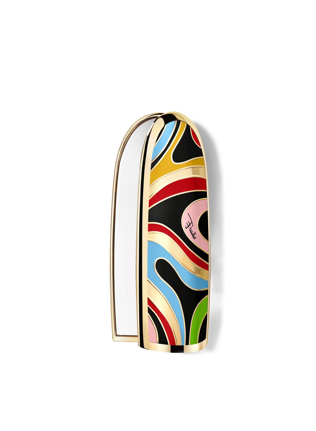 GUERLAIN x PUCCI Rouge G lipstick case in a limited edition design, featuring multicolor Pucci pattern with gold finish — authentic luxury lipstick accessory available at Exquisite Georgia.
