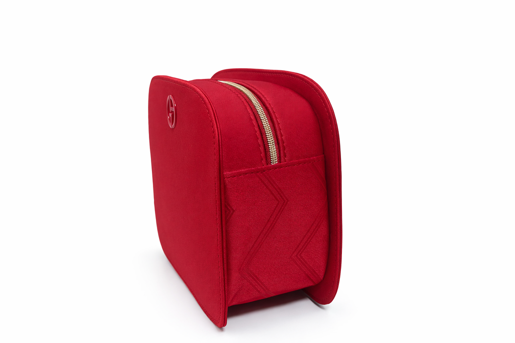 Giorgio Armani red makeup bag size L with logo, studio shot