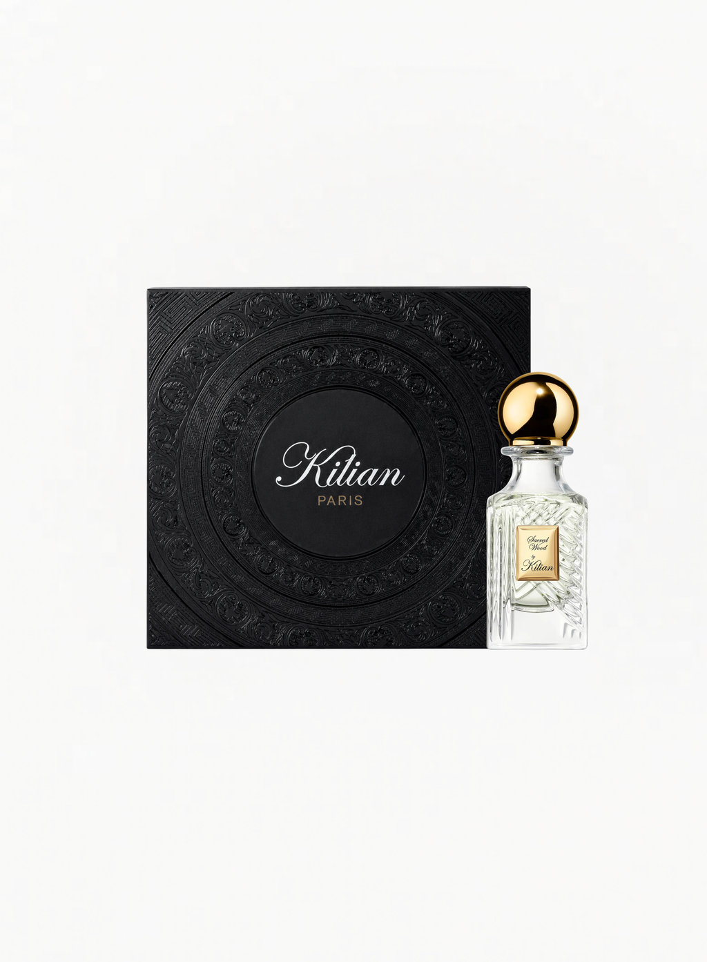 Kilian Paris Sacred Wood Eau de Parfum 30ml crystal bottle with removable gold cap and black embossed luxury gift box
