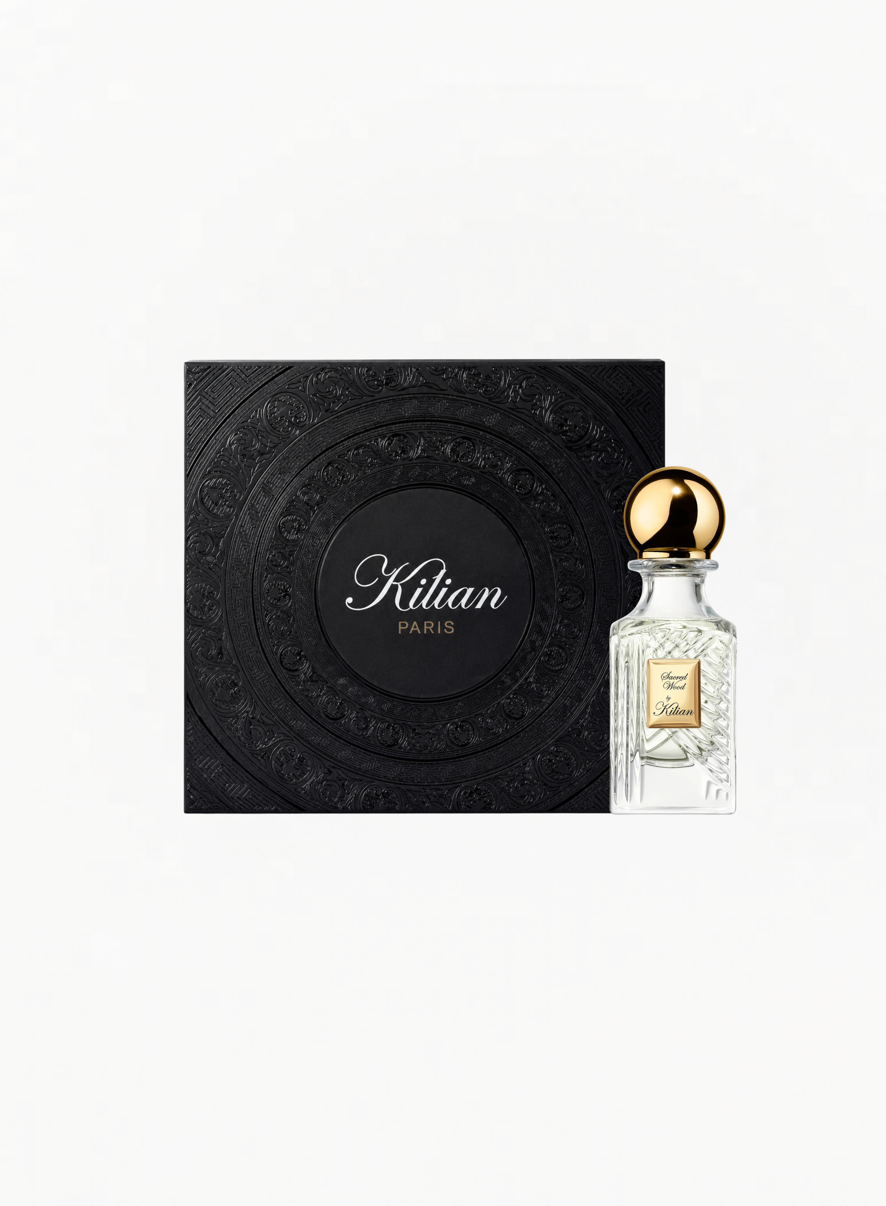 Kilian Paris Sacred Wood Eau de Parfum 30ml crystal bottle with removable gold cap and black embossed luxury gift box
