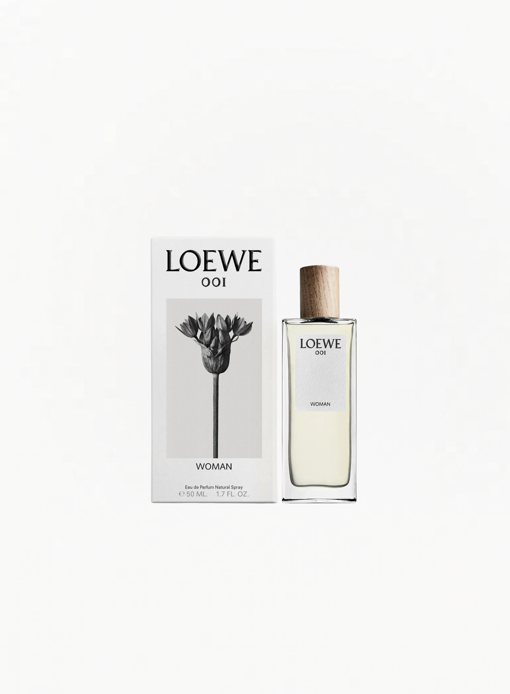 LOEWE 001 Woman Eau de Parfum 50ml bottle with a natural wooden cap displayed beside its retail box on a white background.