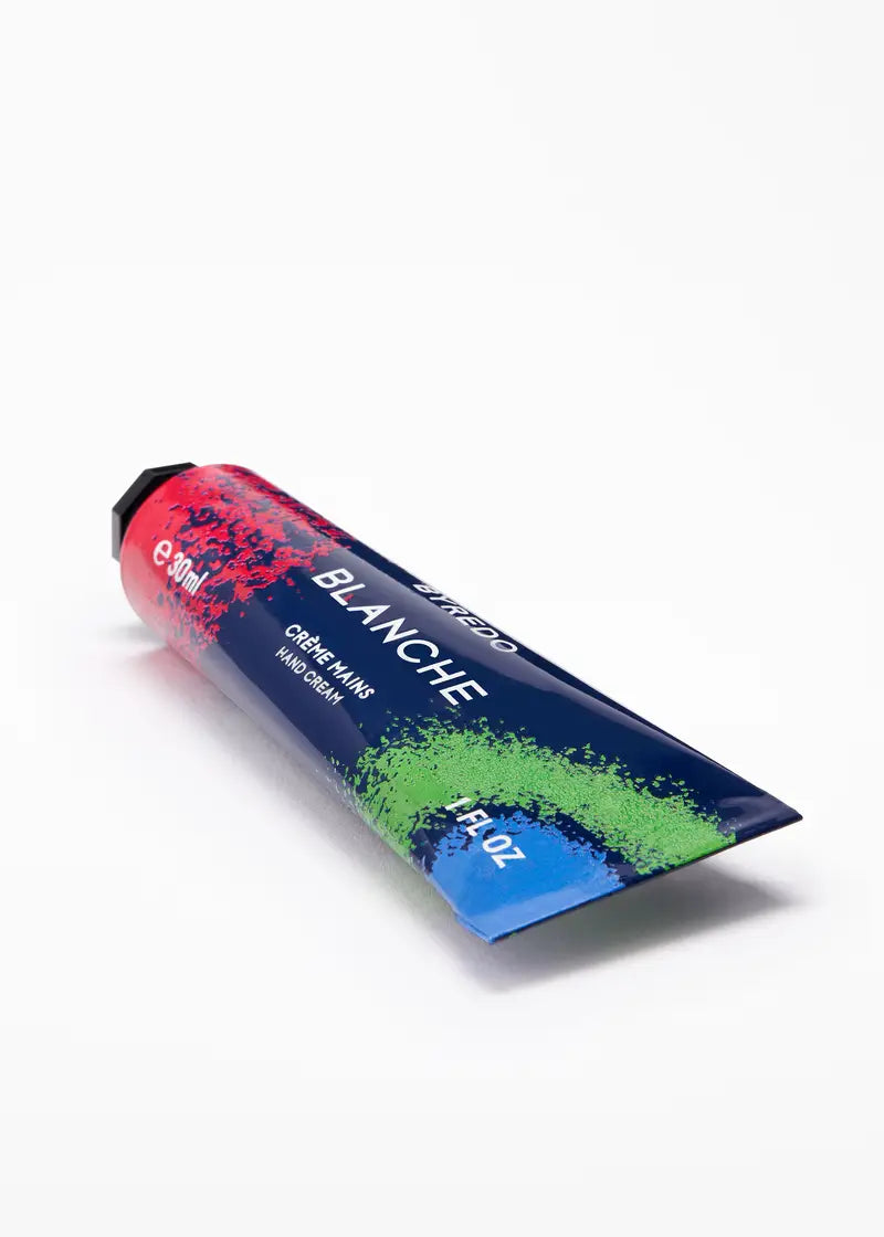 Colorful tube of byredo Blanche hand cream on a white background, limited edition, tbilisi, georgia, exquisite