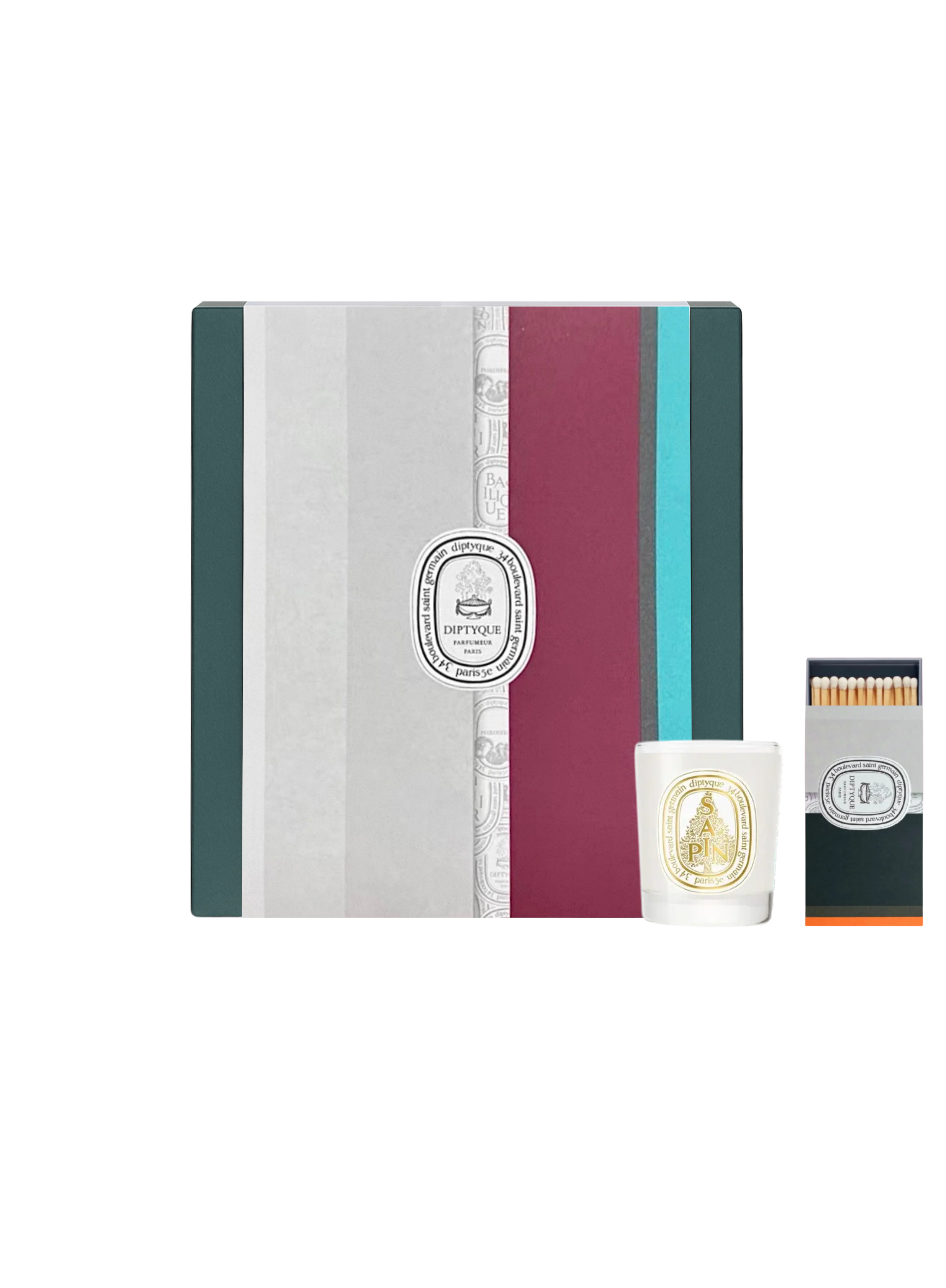 Diptyque Sapin limited edition gift set — 70G pine-scent candle, designer matches and striped gift box, on white background