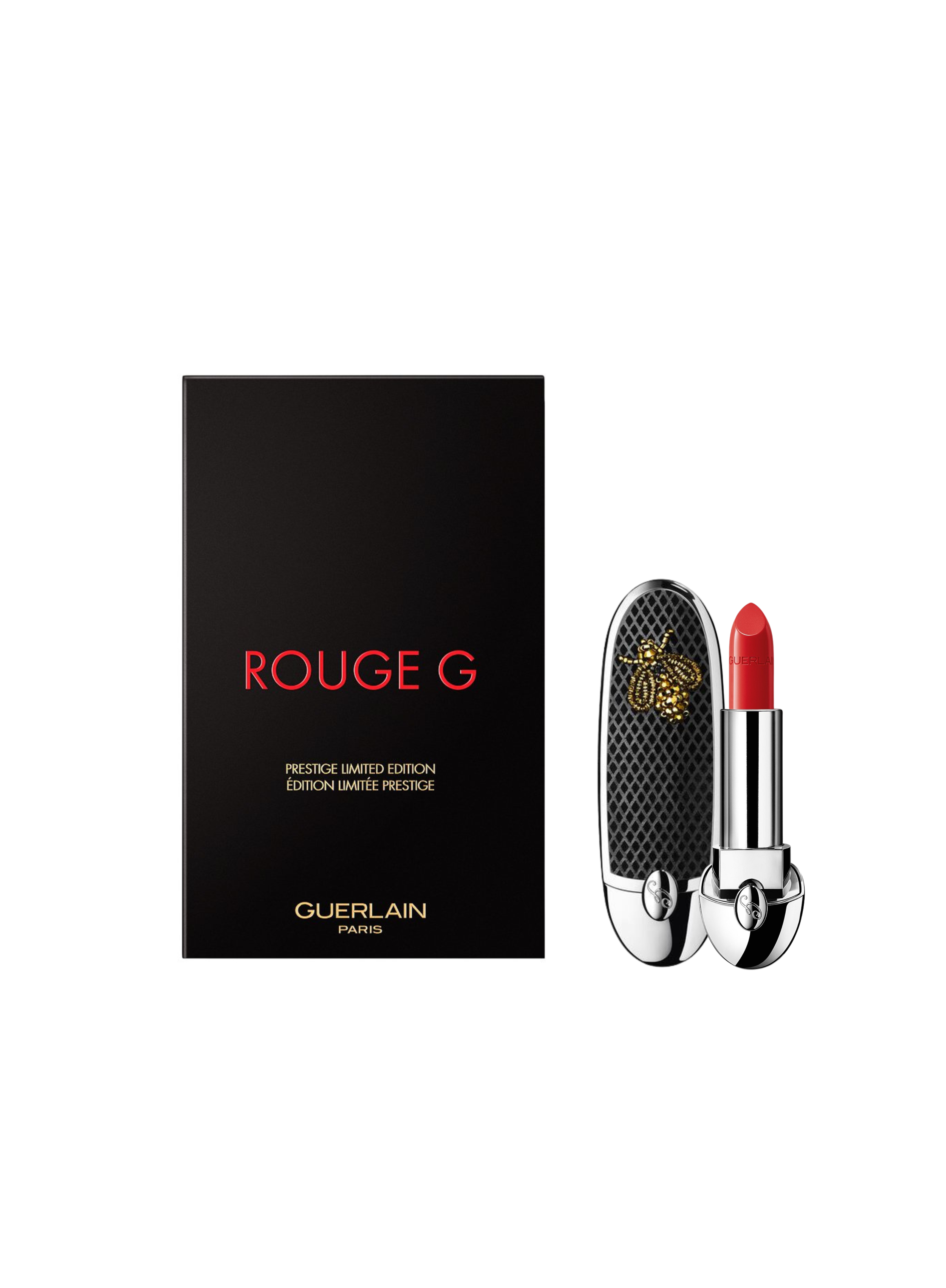 GUERLAIN Rouge G Gold Bee Sequins Satin ტუჩსაცხი 214 და ქეისი – Prestige Limited Edition