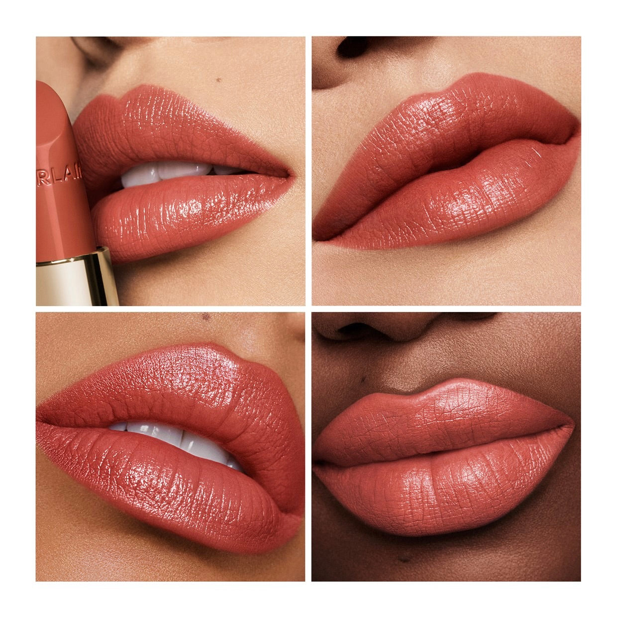 Collage of Guerlain Rouge G Lipstick 08 Satin lipstick applied to lips on different skin tones.